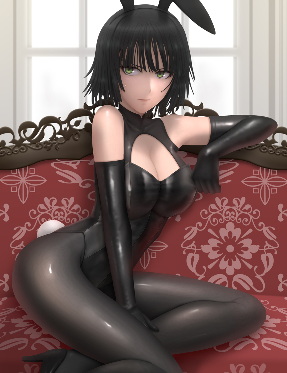 1girls arm_up ass bangs bare_shoulders belly big_ass big_breasts big_butt black_gloves black_leotard black_pantyhose bob_cut breasts bunny_costume bunny_ears bunny_girl bunny_tail bunnysuit busty cleavage couch curvaceous curvy curvy_body curvy_female curvy_figure dark_green_hair fat_ass female female_focus female_only fringe front_view fubuki_(one-punch_man) green_eyes green_hair heels hips hourglass_figure latex latex_clothing latex_gloves legs_together leotard light-skinned_female light_skin lipstick long_gloves looking_away medium_hair midriff navel one-punch_man pantyhose pink_lips pink_lipstick round_ass shiny_skin short_hair siraha sitting sitting_on_couch slim slim_waist sofa solo solo_female solo_focus stomach thick thick_ass thick_legs thick_thighs thin_waist turtleneck voluptuous waist wide_hips