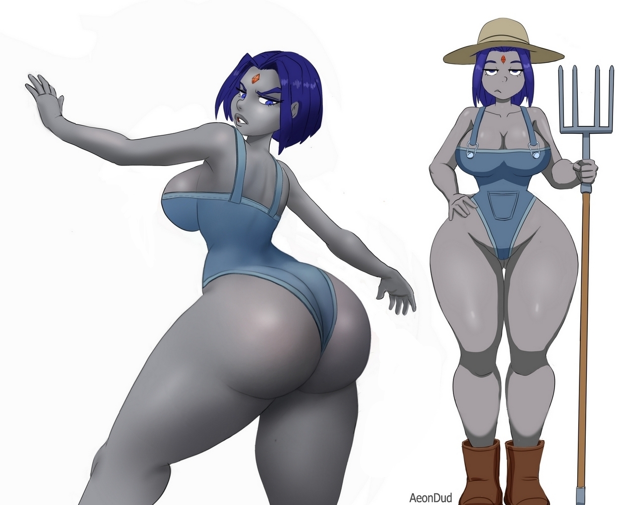 1girls, aeondud, alternate version available, ass, ass visible through thighs, back view, big ass, big breasts, big butt, boots, breasts, dc, dc comics, farmer, farmgirl, female, female focus, female only, leotard, no bra, no panties, overalls, pitchfork, purple hair, rachel roth, raven (dc), rear view, superheroine, teen titans, thick thighs, white background, wide hips