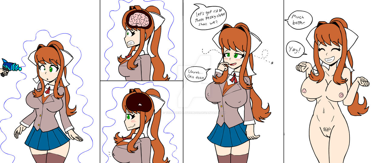 1girls, arms up, blue skirt, bow, brain, brain drain, breast expansion, breast growth, breast growth (enlargement), breasts, brown hair, closed eyes, doki doki literature club, dudewiththemood, english text, female, fly, green eyes, happy, hypnosis, insects, making dumb, mind break, mind control, mini comic, monika (doki doki literature club), naked, nude, panels, pubic hair, school uniform, shrinking brain, skirt, small brain, solo, standing, text, text bubble, uniform, watermark, white background, white bow