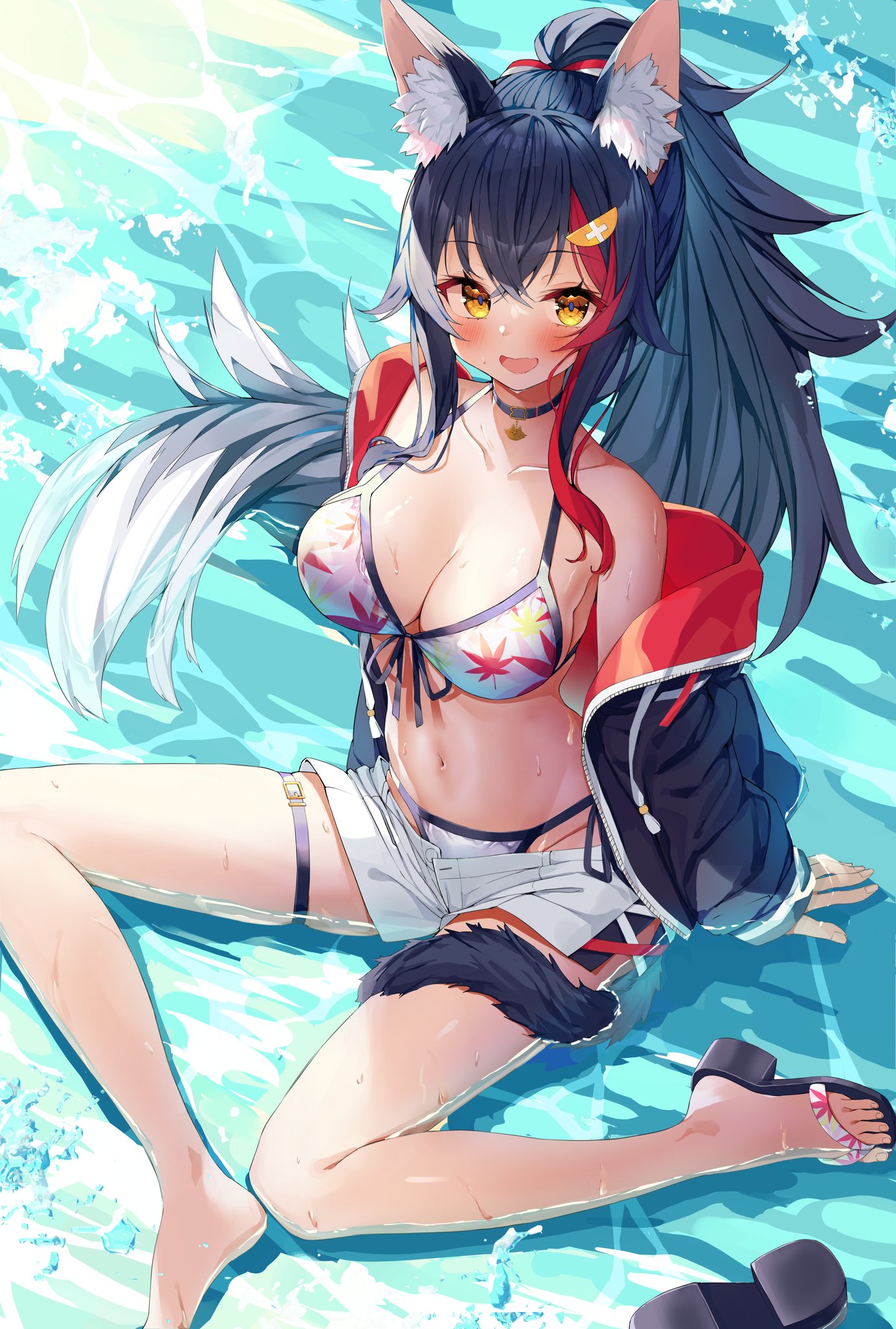 animal ears, artist request, bikini, black hair, blush, breasts, clevage, female, female only, hololive, hololive gamers, hololive japan, midriff, navel, ocean, ookami mio, ponytail, sandals, short shorts, shorts, solo, solo female, source request, streaked hair, swimsuit, virtual youtuber, water, wet, wolf ears, wolf girl, wolf tail