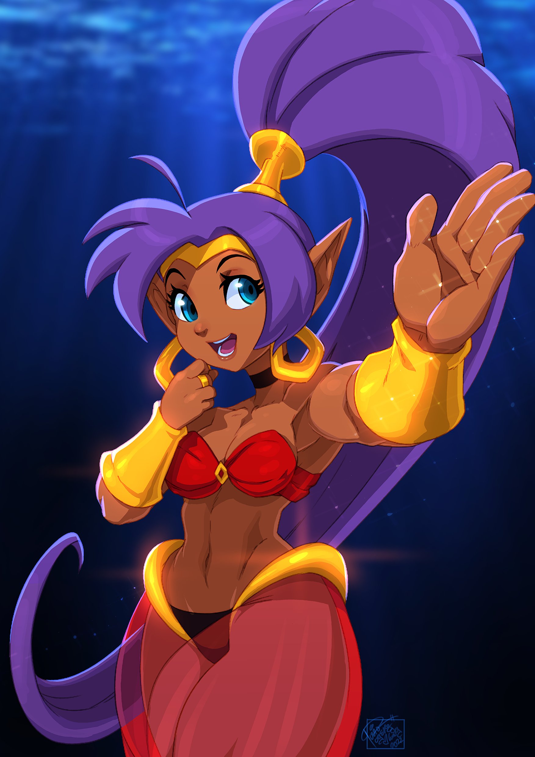 1girls, blue eyes, bracelet, breasts, choker, cleavage, dark skin, dark-skinned female, earrings, female, female focus, female only, genie, pointy ears, ponytail, purple hair, see-through clothing, shantae, shantae (character), smooth skin, solo, tovio rogers, wayforward