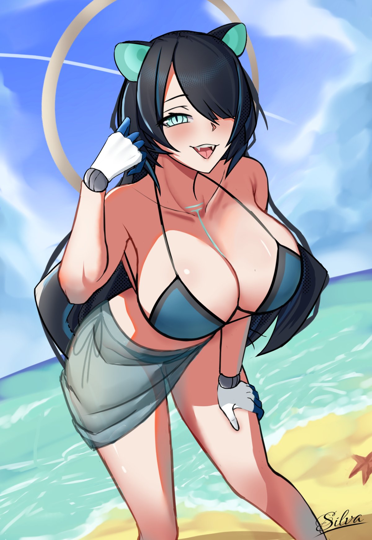 1girls android animal_ears beach bent_over big_breasts bikini breasts busty cleavage erina_makina fangs female female_only hair_over_one_eye huge_breasts light-skinned_female light_skin looking_at_viewer mechanical_hand ocean phase_alias phase_connect seaside silvadoesart solo swimsuit virtual_youtuber voluptuous