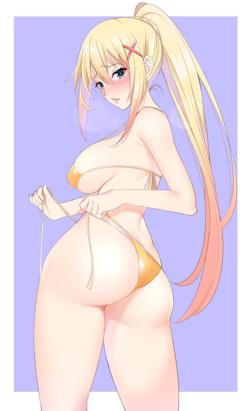 1girls, adjusting clothes, adjusting swimsuit, ass, big ass, big breasts, bikini, blonde hair, blue eyes, blush, breasts, busty, darkness (konosuba), fat ass, female, from behind, hair ornament, heavy breathing, kippuru, kono subarashii sekai ni shukufuku wo!, large breasts, long hair, open mouth, orange bikini, ponytail, sensual, side-tie bikini bottom, sideboob, sidelocks, solo, swimsuit, very long hair, x hair ornament