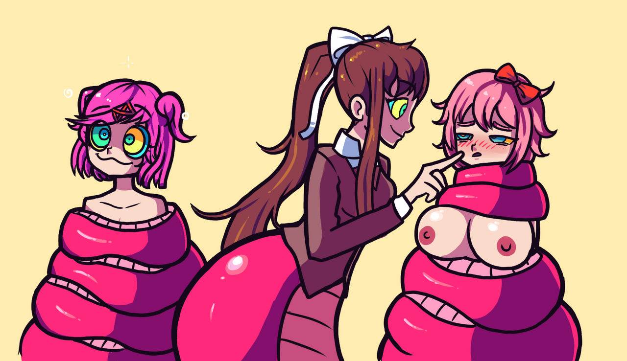 :3, 3girls, artist request, big breasts, blush, bow, breasts, brown hair, doki doki literature club, female, female only, hypnosis, hypnotic, hypnotic eyes, hypnotizing other, lamia, monika (doki doki literature club), multicolored eyes, multiple females, multiple girls, naga, naked, natsuki (doki doki literature club), nude, orange hair, pink hair, pink scales, red bow, sayori (doki doki literature club), school uniform, smile, smiling, snake, snake girl, uniform, white bow, yellow background