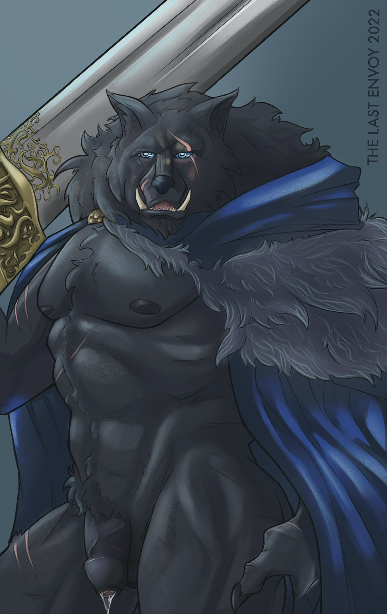 anthro blaidd_(elden_ring) blue_eyes bodily_fluids canid canine canis cape clothing dripping elden_ring fangs flaccid foreskin fromsoftware genital_fluids genitals hi_res male male_only mammal melee_weapon muscular muscular_male penis precum precum_drip scar solo sword the_last_envoy underbite video_games weapon wolf