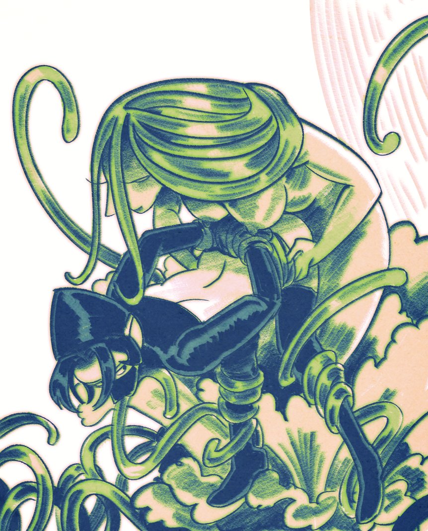 1futa 1other bent_over bottomless breasts chique_(taylor_titmouse) clothed clothing futa futanari implied_futanari long_hair mask monochrome original_character partially_clothed plant_monster restrained sleeves standing taylor_titmouse tentacle tentacle_sex thighhighs