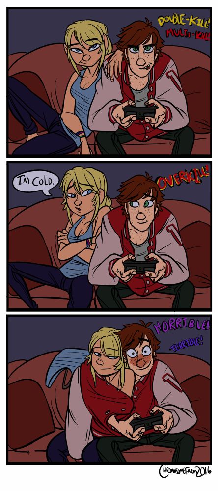 1boy, 1boy1girl, 1girl1boy, 1girls, 2016, astrid hofferson, blonde, blonde female, blonde hair, blonde hair female, blue eyes, blush, blushing, brown hair, canon couple, chromosomefarm, cleavage, comic, couple, dreamworks, female, gaming, green eyes, heterosexual, hiccup horrendous haddock iii, how to train your dragon, light skin, light-skinned female, light-skinned male, male, male/female, man, romantic, romantic couple, straight, text, text bubble, wholesome, wholesome couple, wholesome nudity, wholesome sex, woman