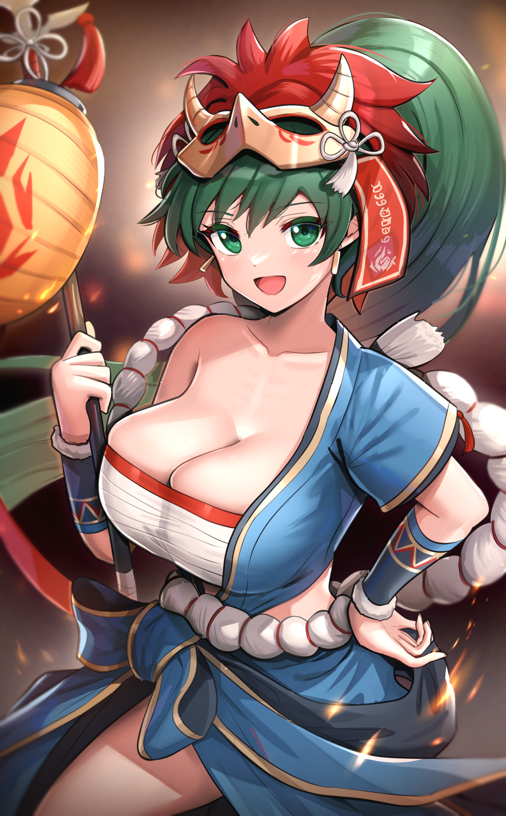 :d, 1girls, absurdres, alternate costume, bandages, bangs, blue shirt, blue skirt, blush, breasts, chest sarashi, cleavage, collarbone, commentary, cowboy shot, female, female only, fire, fire emblem, fire emblem heroes, fire emblem: the blazing blade, gonzarez, green eyes, green hair, hand on hip, hand up, highres, holding, huge breasts, long hair, looking at viewer, lyn (fire emblem), mask, mask on head, nintendo, official alternate costume, open mouth, ponytail, sarashi, shirt, single bare shoulder, single sleeve, single-shoulder shirt, skirt, smile, solo, standing, strapless, tube top, very long hair