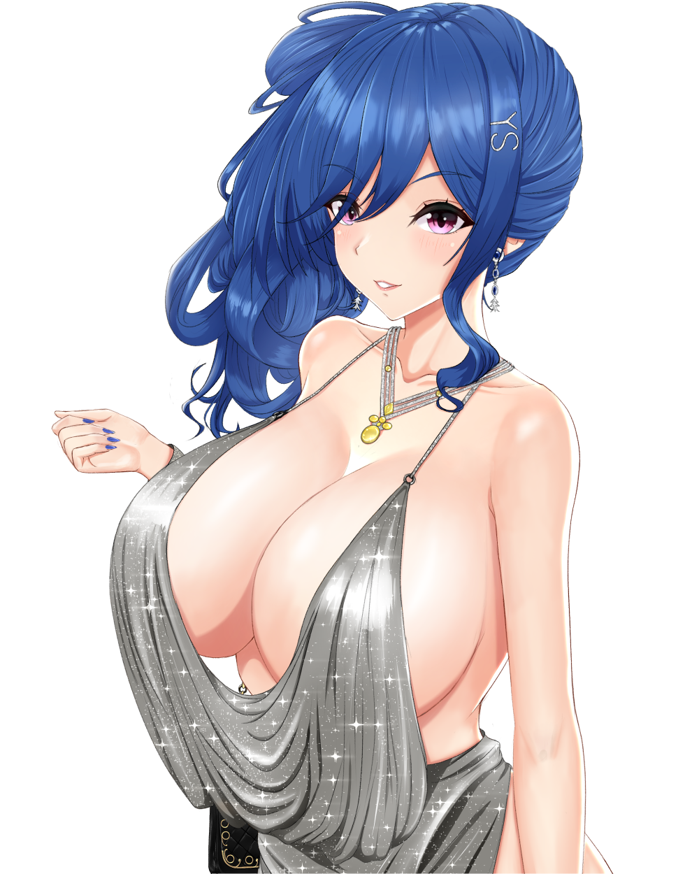 azur_lane backless_dress backless_outfit bag bangs bare_shoulders blue_hair blue_nails breasts cleavage dress evening_gown female hair_between_eyes hair_ornament hairclip halter_dress halterneck handbag highres jewelry large_breasts long_hair looking_at_viewer nail_polish necklace no_bra no_panties official_alternate_costume pink_eyes plunging_neckline revealing_clothes side_ponytail sidelocks silver_dress simple_background sleeveless sleeveless_dress solo st._louis_(azur_lane) st._louis_(luxurious_wheels)_(azur_lane) upper_body vik_(xypt7474) white_background