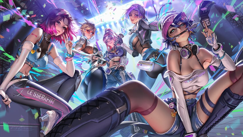 antifragile_bb antifragile_dazzle antifragile_kira-kira antifragile_slay_star antifragile_traysi ass breasts brigitte brigitte_lindholm d.va female female_only highres human kiriko_(overwatch) le_sserafim liang_xing multiple_girls orange-tinted_eyewear overwatch overwatch_2 skin_tight sombra sunglasses tinted_eyewear tracer