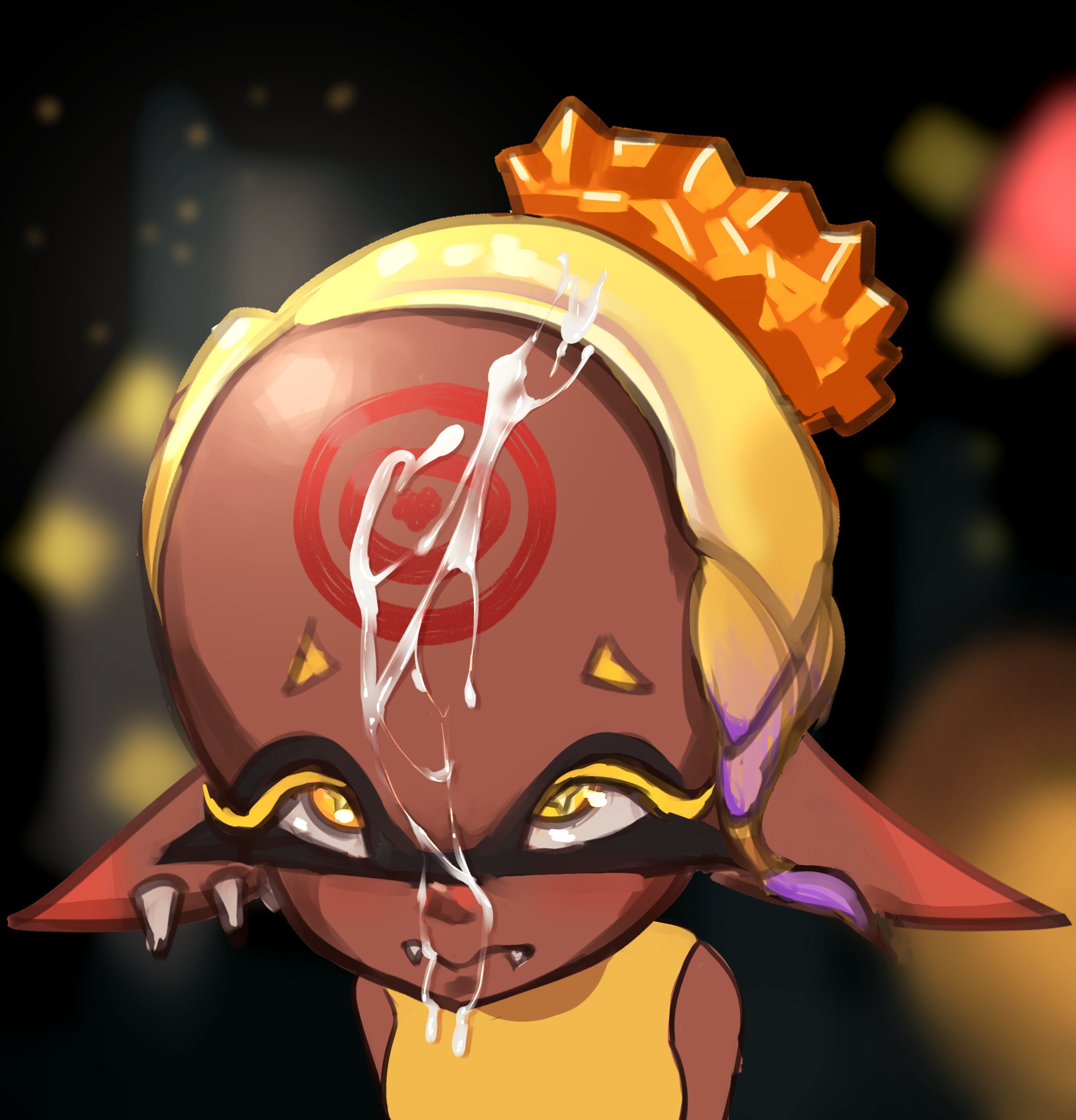 1girls, 2022, after sex, big forehead, clothed, comedy, cum, cum on face, cum on forehead, dark skin, dark-skinned female, dddoodles, face paint, female, forehead, frye (splatoon), funny, humor, nintendo, pov, splatoon, splatoon (series), splatoon 3, tagme
