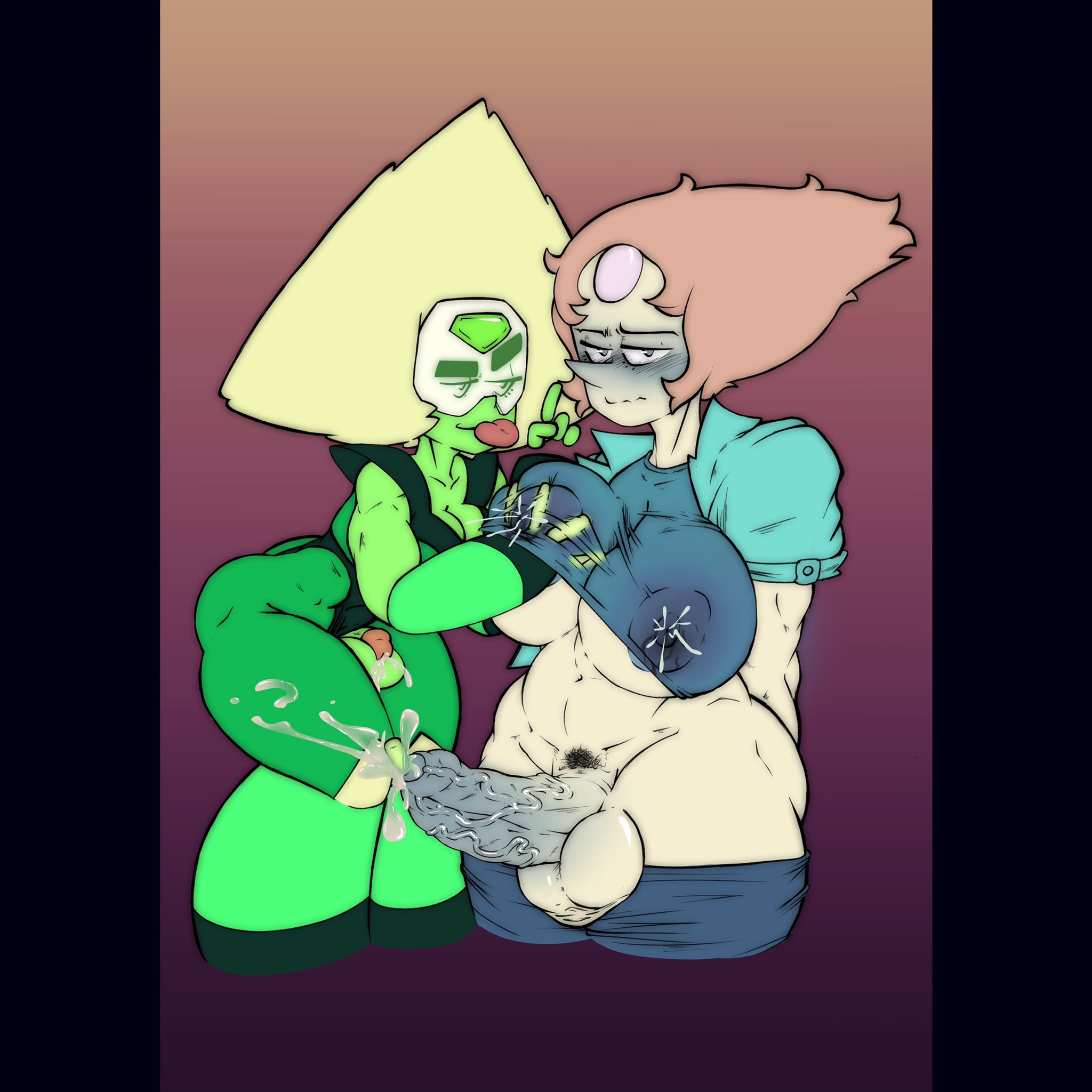 2futas, areolae, balls, balls clench, big breasts, big penis, breasts, chastity, chastity cage, chastity device, clothed, clothing, cum, duo, ejaculation, erection, foreskin, futa on futa, futa only, futanari, humanoid, humanoid penis, intersex, lactation, larger futa, mostly clothed, muscular, nipples, partially clothed, partially retracted foreskin, pearl (steven universe), penis, penis size difference, peppyrobo, peridot (steven universe), retracted foreskin, size difference, small penis, smaller futa, standing, steven universe, testicles, testicles clench, tongue, tongue out, uncircumcised, uncut, veiny penis