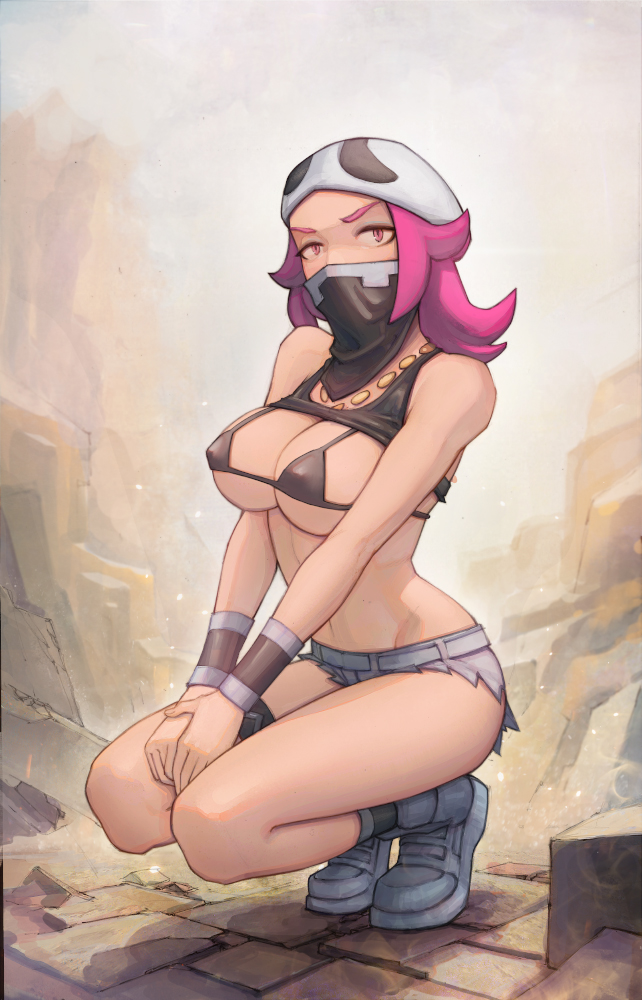 1girls big_breasts bikini_top erect_nipples female female_only female_team_skull_grunt game_freak hidden_face hourglass_figure latex_bra midriff nintendo nipple_bulge nipples_visible_through_clothing npc_trainer pink_hair pokemon pokemon_sm pokemon_sm_(anime) rapp_(pokemon) short_hair slim_waist solo squatting team_skull team_skull_grunt team_skull_grunt_(female) yugen99