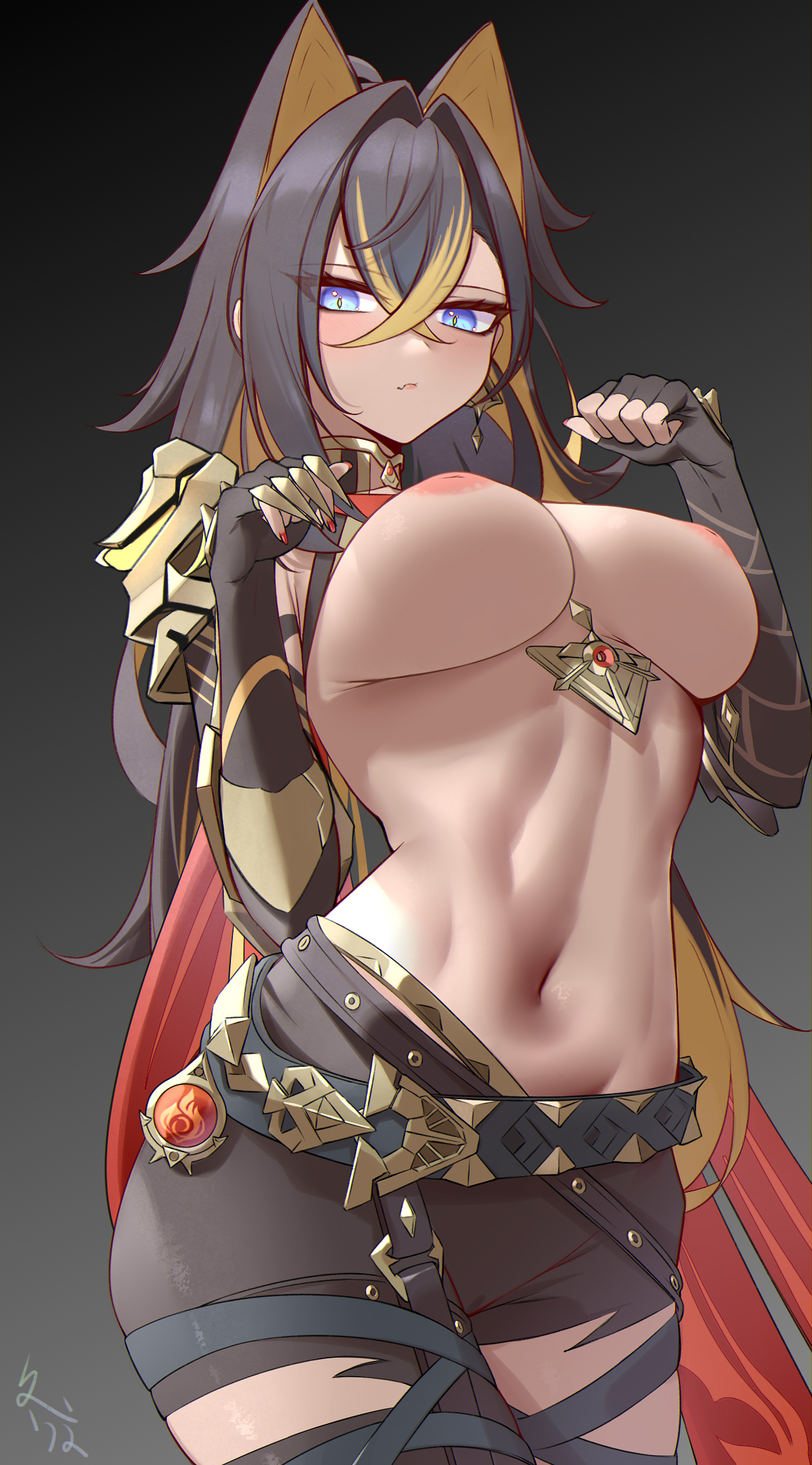 1girls, animal ears, artist request, belly, black hair, blue eyes, blush, breasts, busty, claws, cute, dark skin, dark-skinned female, dehya (genshin impact), female, female only, genshin impact, hi res, inverted nipples, looking at viewer, navel, nipples, pants, tagme, torn legwear