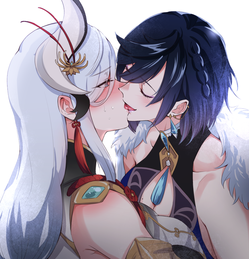 2girls blush braid breasts cleavage closed_eyes collarbone earrings female female_only french_kiss fur_trim genshin_impact hair_between_eyes hair_ornament kissing lesbian_kiss lips long_hair mole mole_on_breast negom shenhe_(genshin_impact) short_hair smile tongue tongue_out white_background yelan_(genshin_impact) yuri