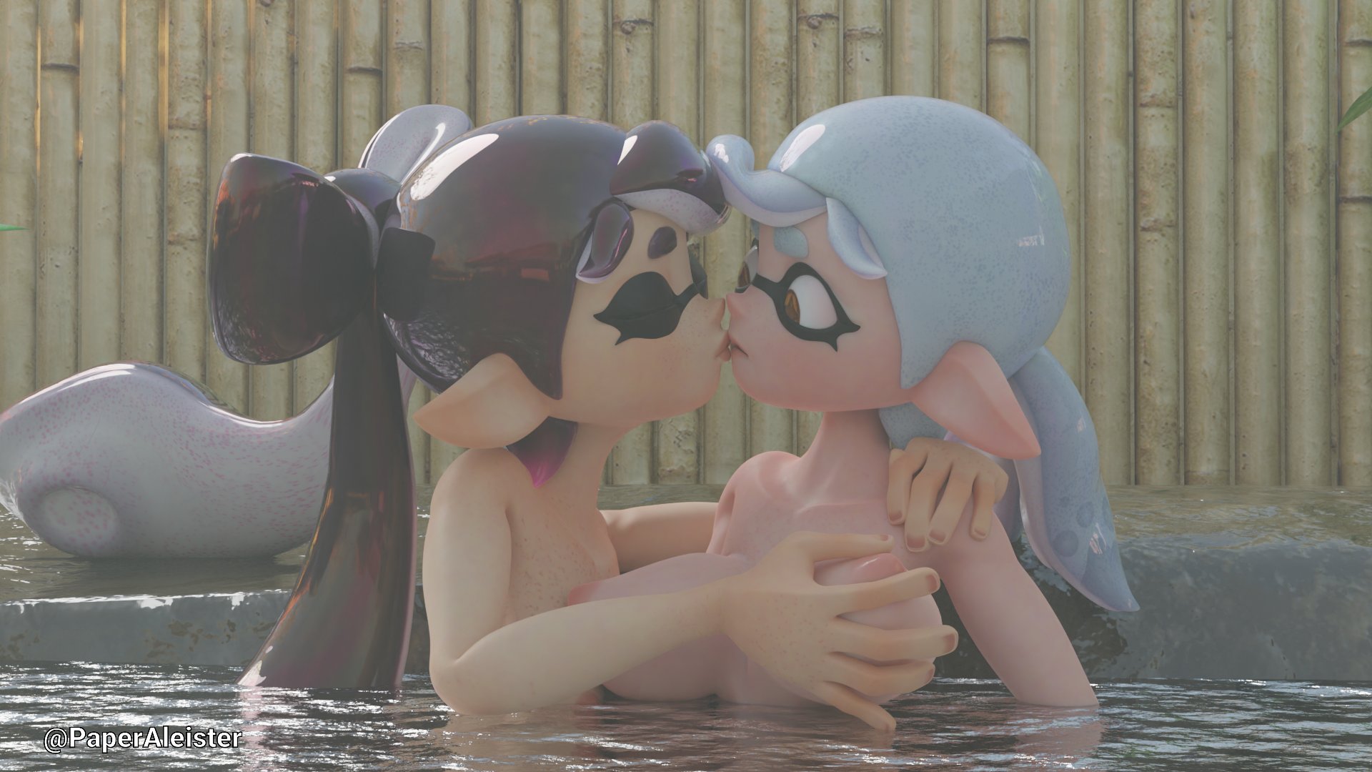 2girls, 3d, 3d (artwork), bare breasts, bare shoulders, big boobs, big breasts, black hair, boobs, bow in hair, breast grab, breasts, callie (splatoon), cousins, earrings, female, grey hair, groping, hand on breast, hot spring, in water, incest, kissing, marie (splatoon), nintendo, paperaleister (artist), splatoon, squid sisters, suprised, tentacle hair, tied hair, yuri