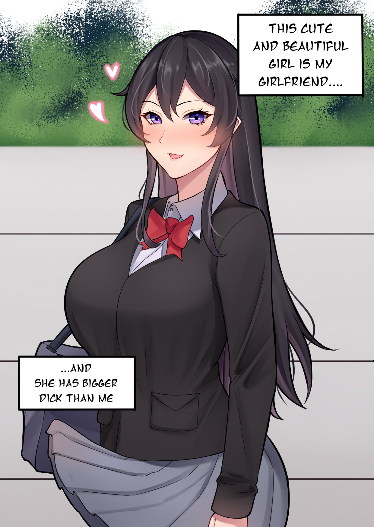 1futa bag band-width big_breasts big_penis black_hair black_jacket blush bow bowtie breasts bulge clothed clothing collared_shirt dickgirl english_text erection erection_under_clothes erection_under_skirt fully_clothed funny futa_is_bigger futa_only futanari grey_skirt hair_between_eyes handbag heart highres human implied_futanari intersex jacket large_breasts light-skinned_futanari light_skin long_hair long_sleeves looking_at_viewer meme nose_blush open_mouth original outdoors penis penis_bulge penis_under_clothes penis_under_skirt pleated_skirt pov purple_eyes red_bow red_bowtie red_neckwear shirt sidelocks skirt skirt_lift smile solo standing tenting text