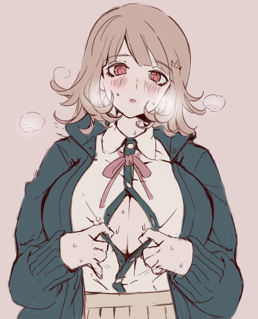 alternate_version_available blush boob_window breasts cleavage danganronpa danganronpa_2:_goodbye_despair female_only large_breasts nanami_chiaki open_clothes rye_(hyn_uka) smooth_skin super_danganronpa_2 sweat unbuttoned unbuttoned_shirt visible_breath