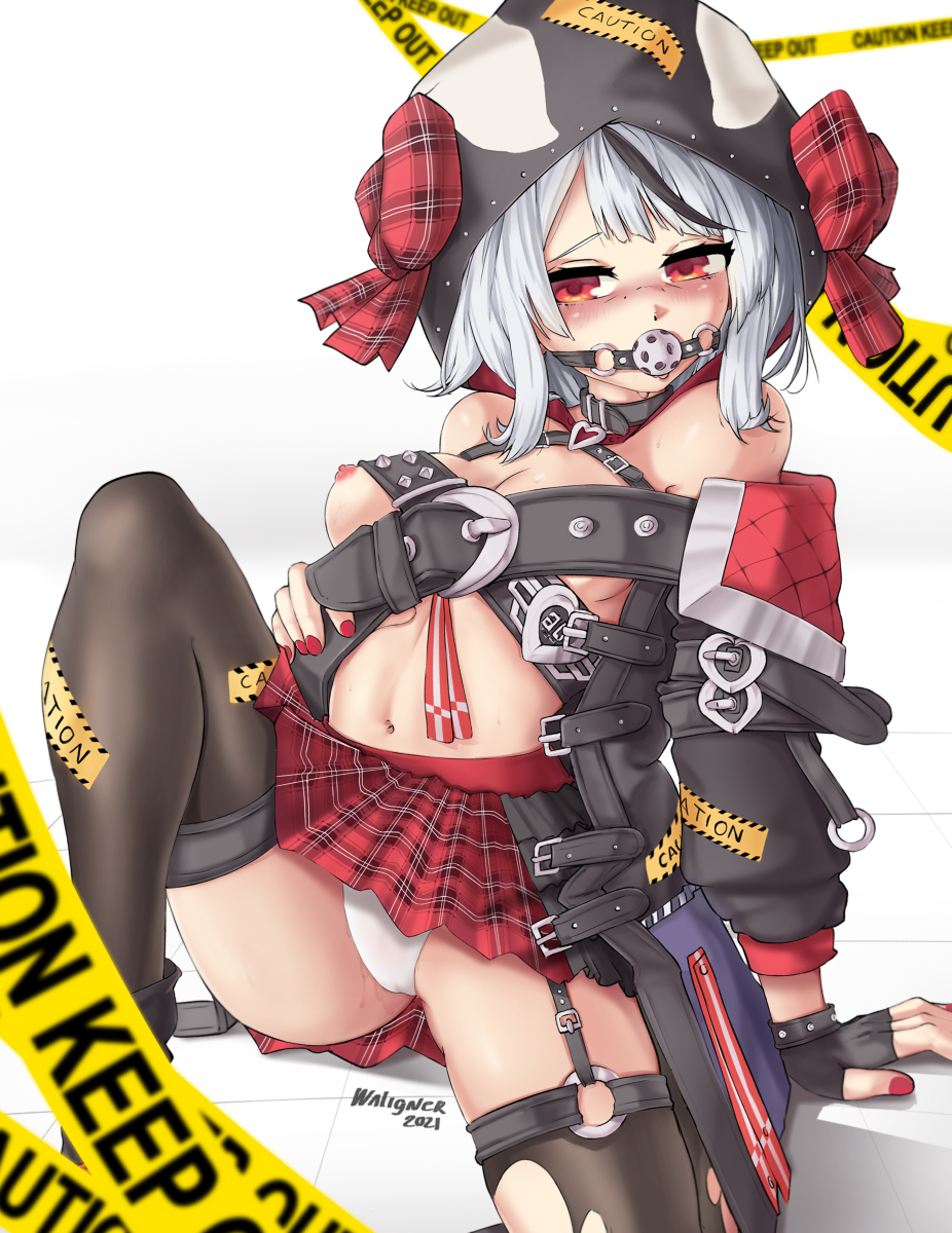 1girls, ball gag, breasts, collar, female, gag, gagged, garter straps, heart collar tag, hololive, hololive japan, holox, jacket, medium breasts, midriff, navel, nipples, no bra, panties, red eyes, sakamata chloe, short hair, skirt, thighhighs, topless, torn clothes, torn thighhighs, upskirt, virtual youtuber, waligner, white hair, white panties