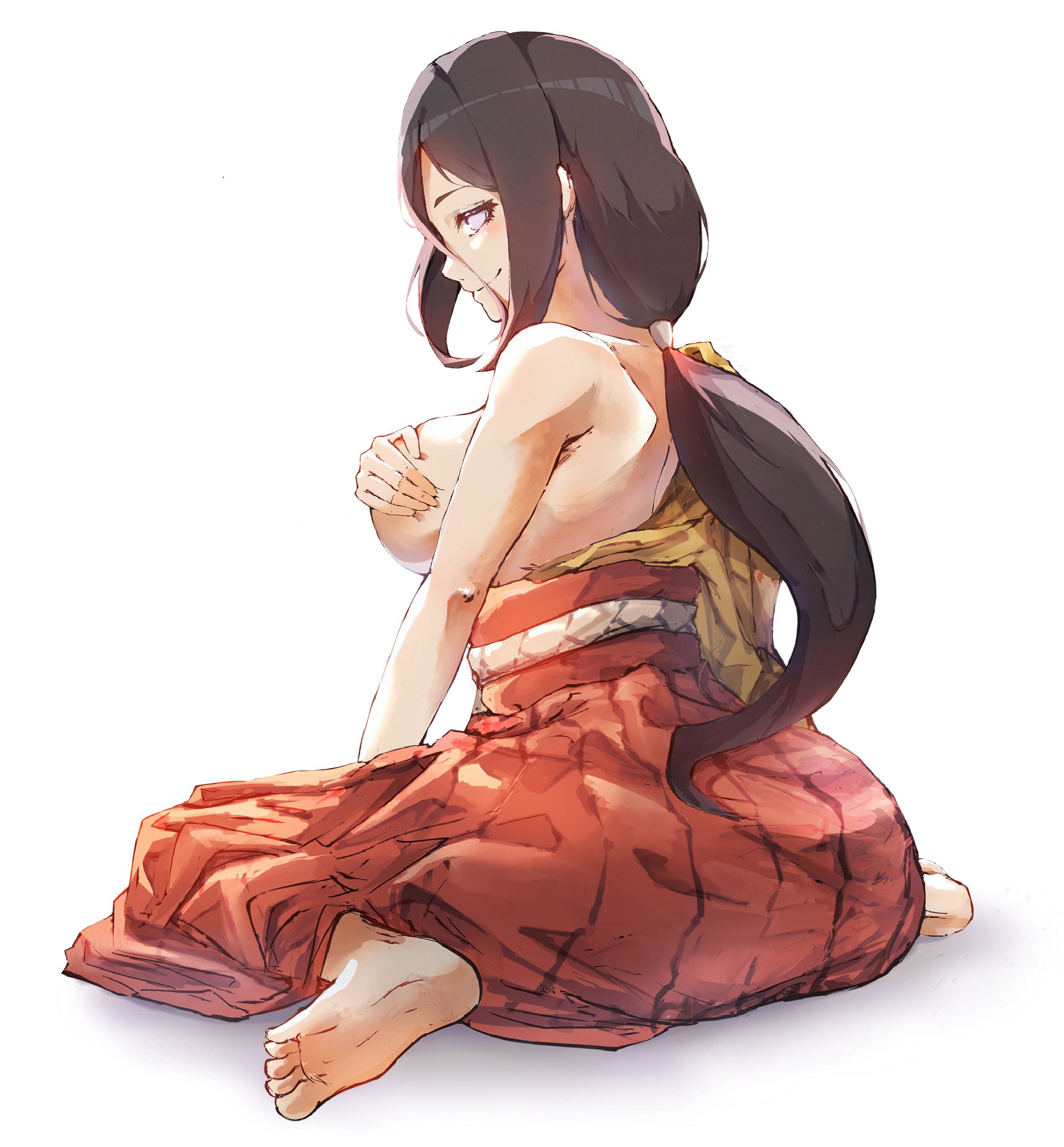 1girls, ass, barefoot, boruto: naruto next generations, breast grab, breasts, brown hair, covering, covering breasts, cute, dinoke, feet, female, female only, from behind, grabbing own breast, hakama, hyuuga hanabi, japanese clothes, kimono, kneeling, knees together feet apart, lavender eyes, naruto, naruto (series), no bra, no shoes, off shoulder, on knees, one breast out, ponytail, sideboob, sitting, skirt, smile, soles, solo, solo focus, strap slip, tied hair, toes, wariza, yukata