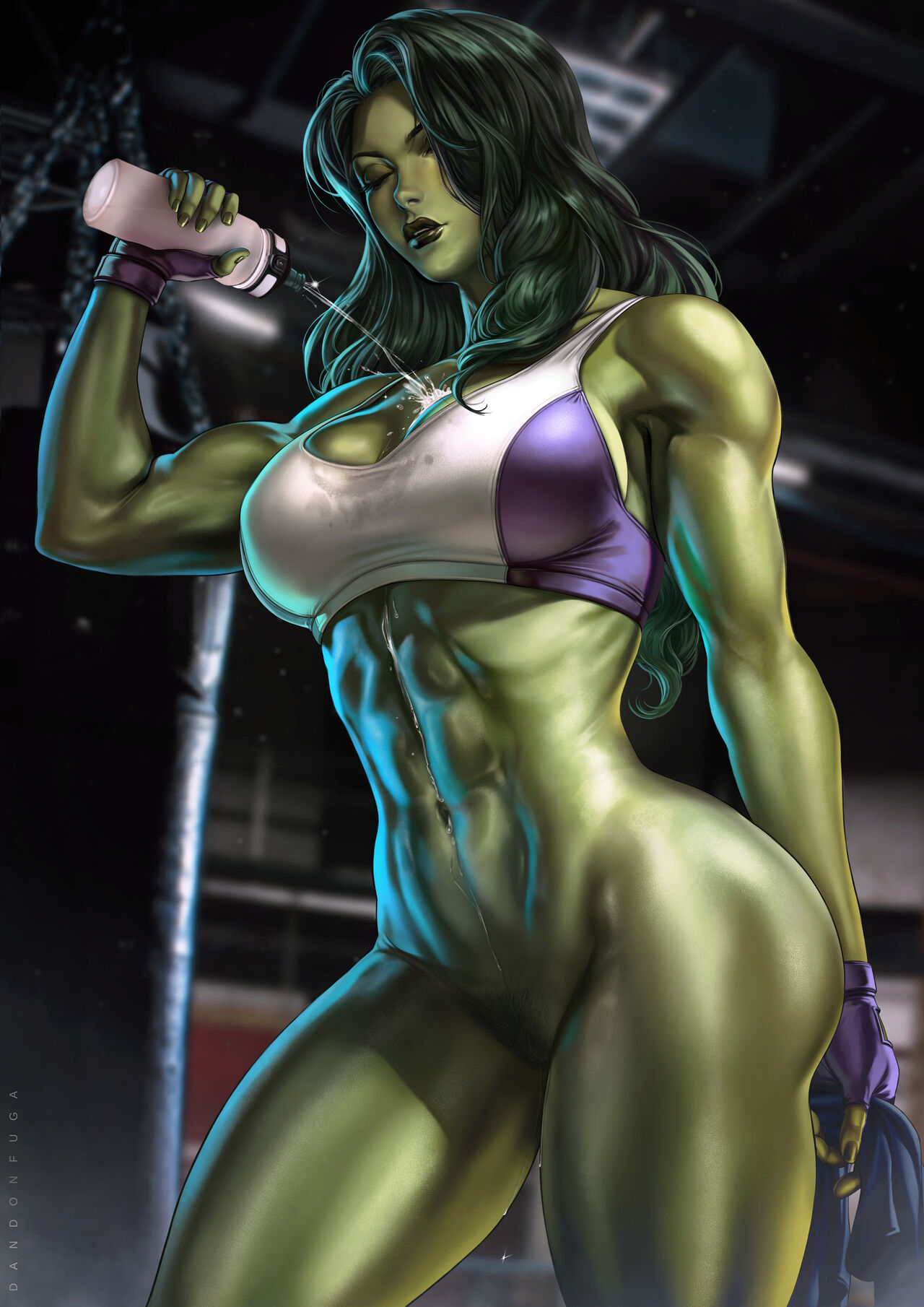 1girls abs avengers big_ass big_breasts bottomless bottomless_female closed_eyes curvaceous curvy_female curvy_females curvy_figure dandon_fuga female female_only fit fit_female green-skinned_female green_hair green_skin gym gym_uniform long_hair marvel marvel_comics muscular muscular_female pouring_on_breasts pouring_on_self pouring_onto_self purple_lips she-hulk solo solo_female solo_focus sports_bikini sports_bra taller_girl thick_thighs voluptuous voluptuous_female wet