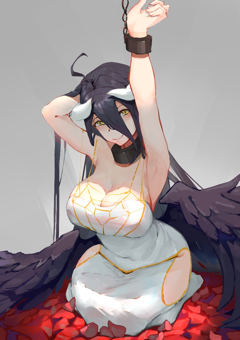 albedo (overlord), arm behind head, armpits, arms up, black collar, black feathers, black wings, breasts, c-ongc, chains, collar, covered navel, demon, demon girl, demon horns, dress, feathered wings, feathers, female, grey background, hip vent, horns, large breasts, low wings, overlord (maruyama), solo, succubus, succubus horns, succubus wings, white dress, white horns, wings, yellow eyes