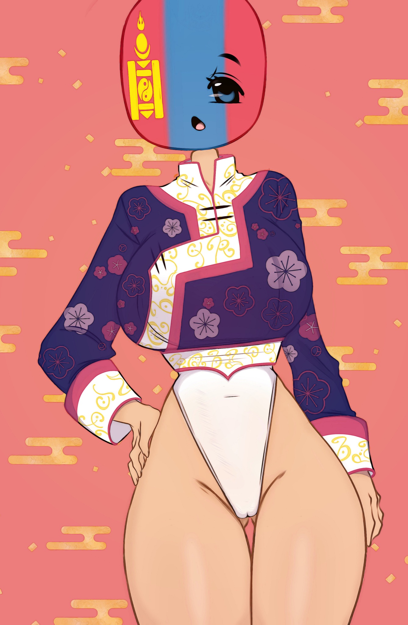 abstract background, big breasts, breasts, countryhumans, countryhumans girl, female, female only, flawsy, half naked, mongolia (countryhumans), solo