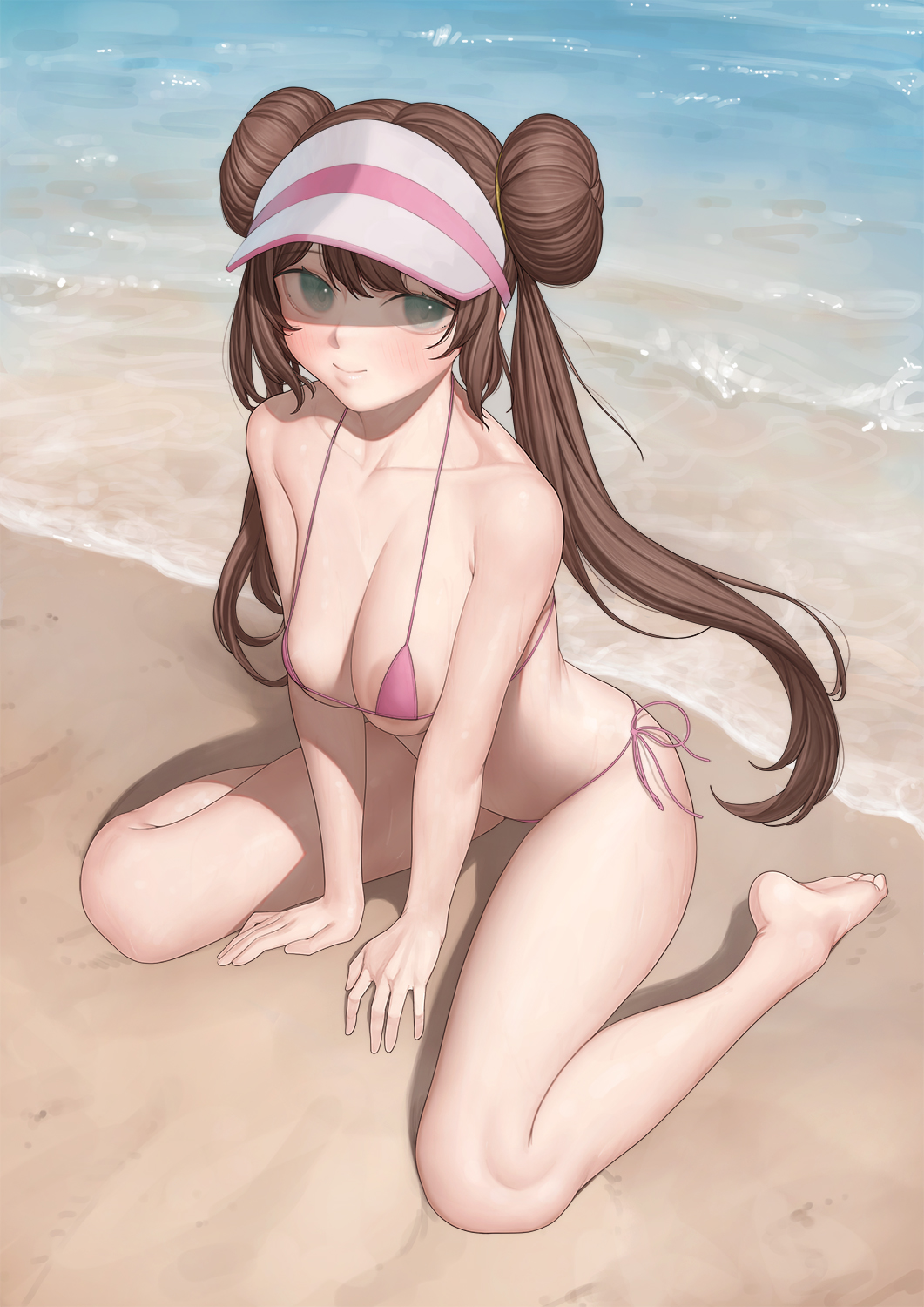 1girls areola_slip areolae areolae_peeking beach bikini blue_eyes breasts brown_hair female hair_bun hair_buns large_breasts light-skinned_female light_skin long_hair ni_(221) outside pinup pokemon pokemon_bw2 rosa_(pokemon) sand solo swimsuit tagme thighs