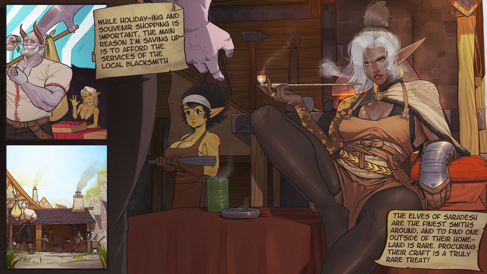 afro, black hair, comic, cow horns, cow tail, dark elf, dark skin, dark-skinned female, detailed background, elf, elf ears, english text, female, goblin, goblin female, goblin town, green skin, hi res, horns, male, minotaur, muscular, muscular male, narrowed eyes, orange eyes, orcbarbies, pointy ears, purple skin, smoking, stockings, tail, tail tuft, tattoo, tattooed arm, text box, tied hair, white hair