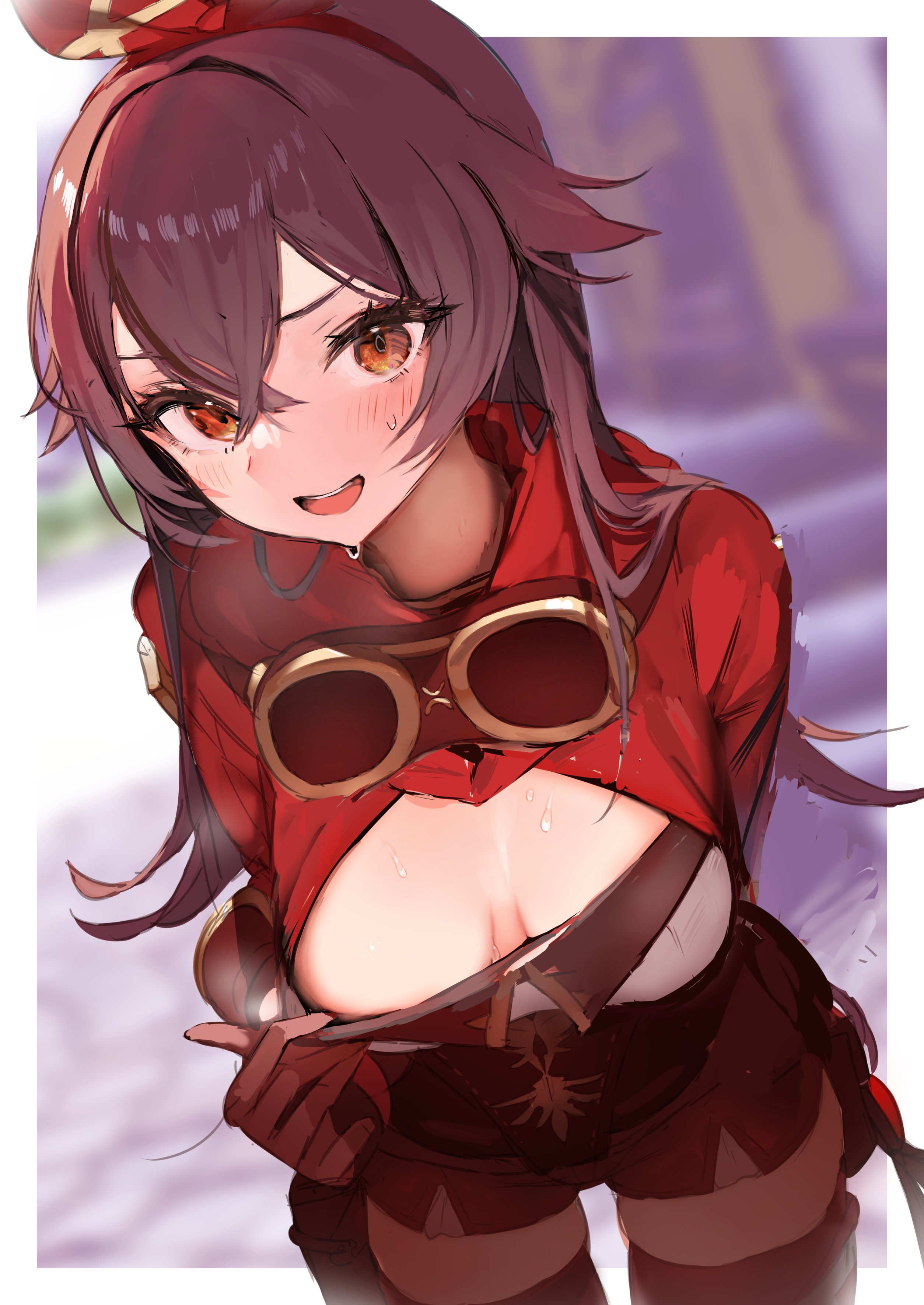1girls, amber (genshin impact), big breasts, blush, blushing, breasts, brown hair, busty, clothed female, embarrassed, female, genshin impact, goggles, highres, horny, horny female, large breasts, light skin, light-skinned female, mouth open, nervous, open mouth, orange eyes, outrider, pomesaurus (pomesubrus), smile, smiling, solo, solo female, sweat, sweating, sweaty, thick, thick thighs, thighs