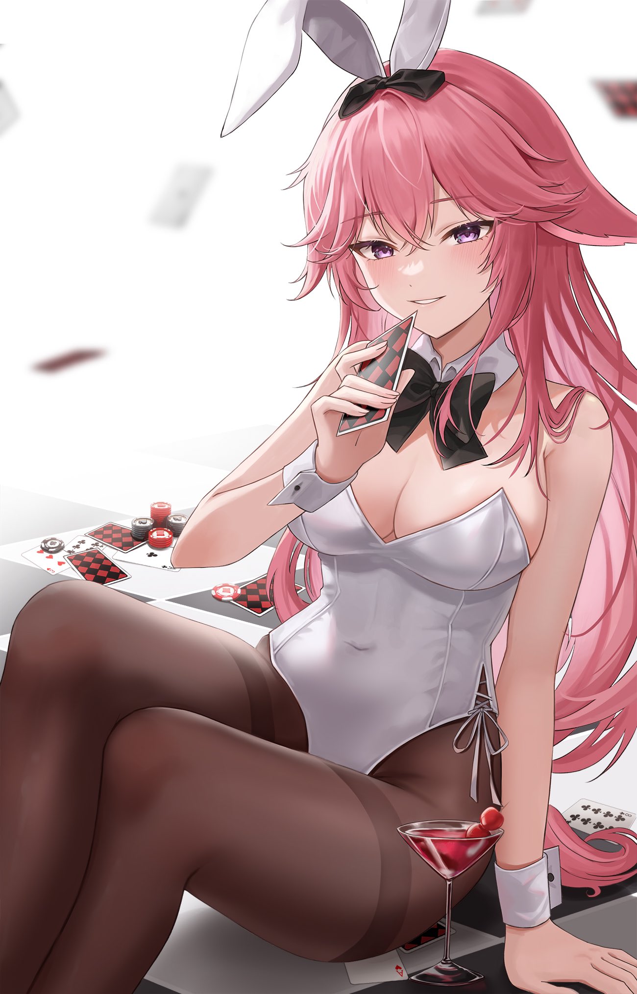 1girls, animal ears, big breasts, bow, breasts, bunny ears, bunnysuit, cleavage, corset, cuffs, detached collar, eyelashes, eyeliner, female, female only, fox ears, genshin impact, hi res, leotard, lingerie, long hair, makeup, pantyhose, pink hair, pora 0, purple eyes, ribbon, thighs, yae miko