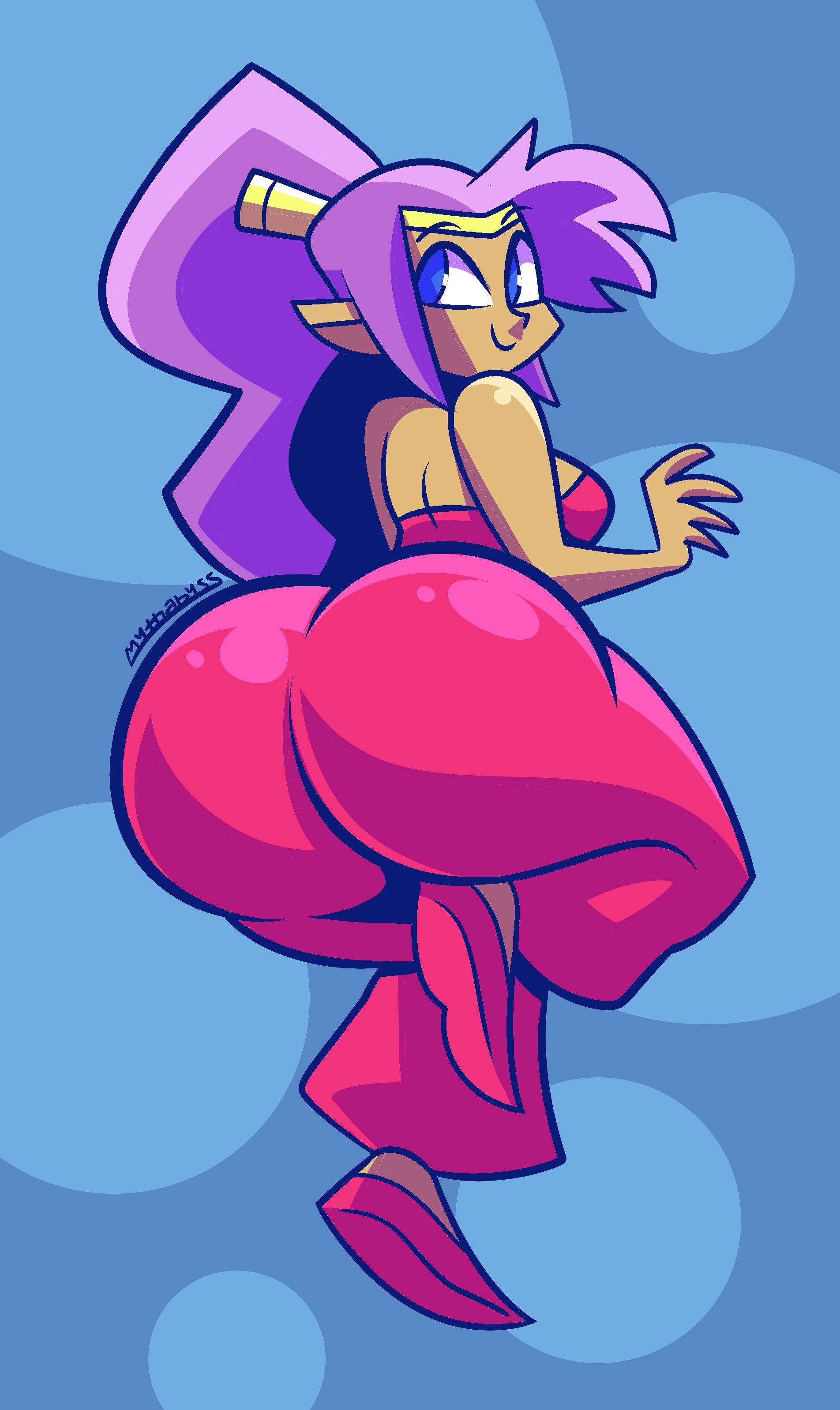 1girls, ass, big ass, blue eyes, bottom heavy, bubble ass, bubble butt, clothing, enormous ass, fat ass, female, female focus, female only, huge ass, large ass, looking back, mythabyss, purple hair, shantae, shantae (character), smile, solo, thick thighs, thighs, wayforward, wide hips