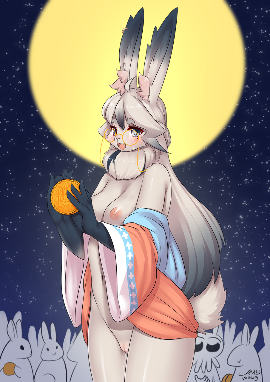 anthro areola blush breasts clothed clothing eyewear female fur genitals glasses hair hi_res lagomorph leporid looking_at_viewer mammal moon nipples pussy rabbit wolflong