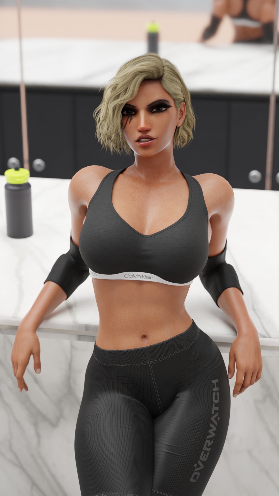 1girls, 3d, abs, alternate hair color, alternate hairstyle, athletic, big breasts, blizzard entertainment, blonde hair, breasts, calvin klein, clothed, dark skin, dark-skinned female, egyptian, egyptian female, facing viewer, fareeha amari, feet, female, female only, female protagonist, fit, fit female, heroine, human, large breasts, legs spread, muscle mommy, muscles, overwatch, pharah, posing, solo, sports bikini, sports bra, sportswear, tanuking3d, tattoo, thick thighs, thighs, tiptoes, training