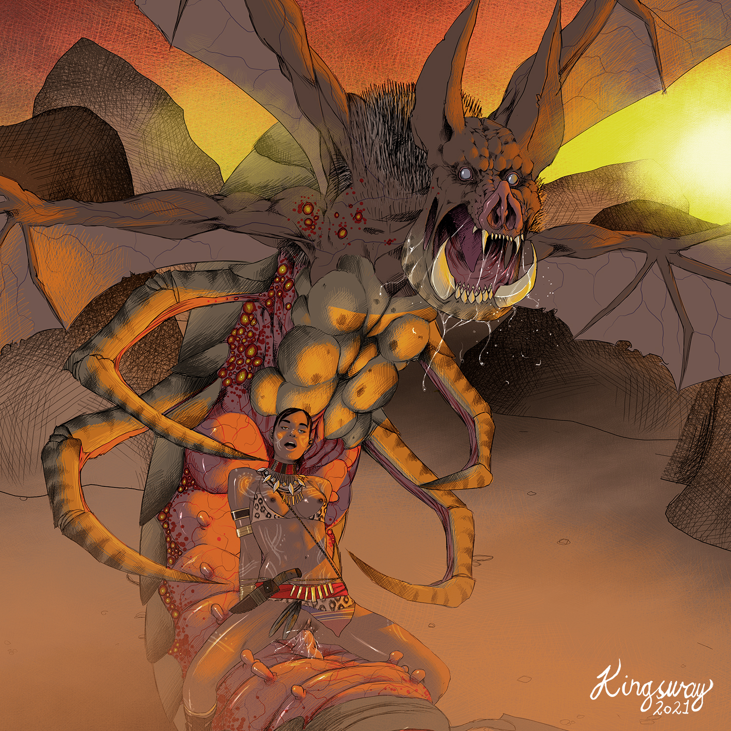 1animal, 1girls, 1monster, 2021, african, african female, animal genitalia, areolae, artist name, bat, bat ears, bat wings, biohazard, breasts, breasts out, brown eyes, brown hair, capcom, dark skin, dark-skinned female, empty eyes, female, human, interspecies, kingsway, knife, leopard print, loincloth, long ears, male, male/female, mammal, monster, monster on female, necklace, nipples, no panties, open mouth, outdoors, penis, pleasuring the enemy, pussy, resident evil, resident evil 5, reverse cowgirl position, riding penis, saliva, sex, sharp teeth, sheva alomar, sun, sunset, tagme, teeth, tongue, tribal markings, vaginal penetration, vaginal sex, wings, zoophilia