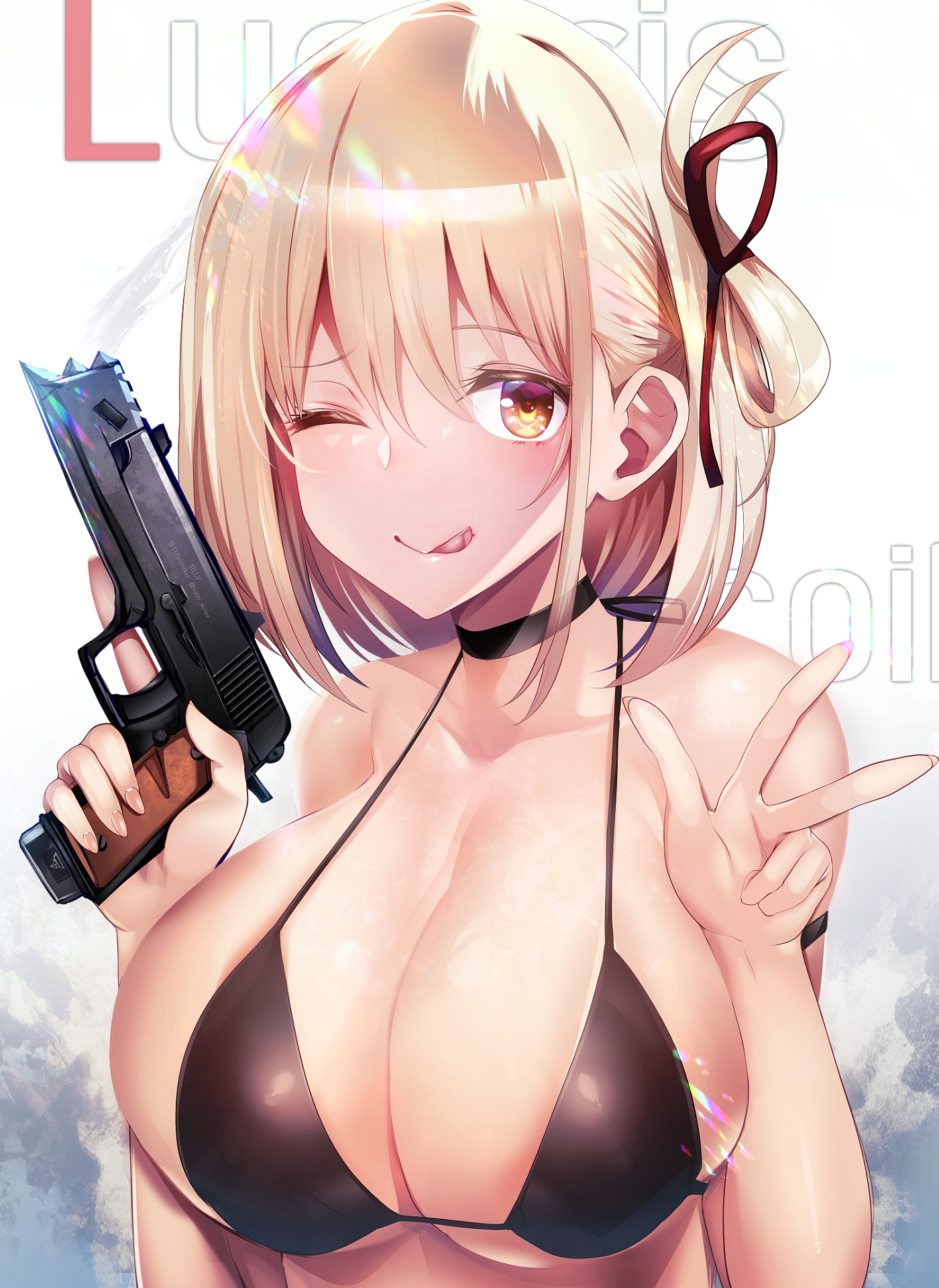1girls, big breasts, bikini, blonde hair, breasts, bust portrait, choker, female, female only, gun, large breasts, licking lips, lycoris recoil, navy series, nishikigi chisato, pistol, shiny hair, shiny skin, short hair, smile, solo, solo female, swimsuit, trigger discipline, v sign, weapon, wink