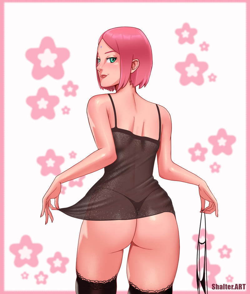 ass, babydoll, barely clothed, boruto: naruto next generations, bra, bra removed, female, from behind, g-string, green eyes, holding bra, holding object, holding underwear, legwear, lifted by self, lipstick, long hair, looking at viewer, looking back, makeup, milf, naruto, naruto (series), panties, pink hair, presenting, presenting ass, presenting hindquarters, revealing clothes, round ass, sakura haruno, shalterart, smile, stockings, tease, teasing, thong, transparent, transparent clothing, underwear, underwear removed
