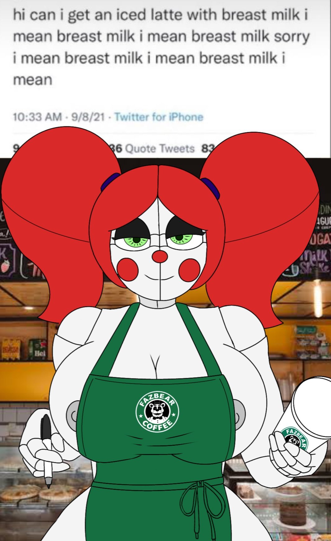 alexbaby034 baby_(fnafsl) big_breasts bunnybaby circus_baby circus_baby_(fnaf) clothed clown_girl colored exposed_nipples five_nights_at_freddy's five_nights_at_freddy's:_sister_location fnaf i_mean_breast_milk iced_latte_with_breast_milk meme red_hair sister_location smile starbucks