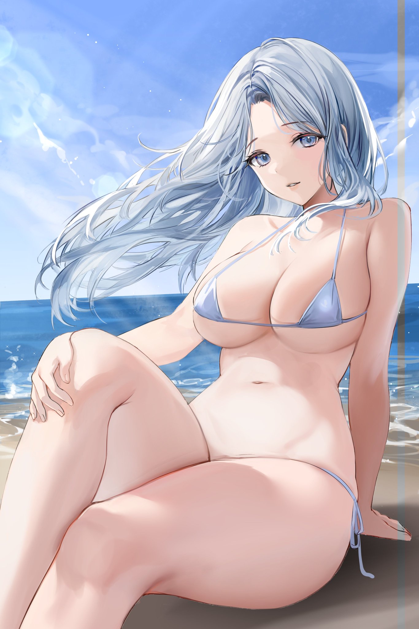 1girls, 2022, big breasts, bikini bottom, blue bikini top, blue hair, breasts, curvaceous, curvy body, curvy female, curvy figure, female, large breasts, lillly, long hair, looking at viewer, micro bikini, milf, on beach, solo female, tagme, voluptuous, voluptuous female