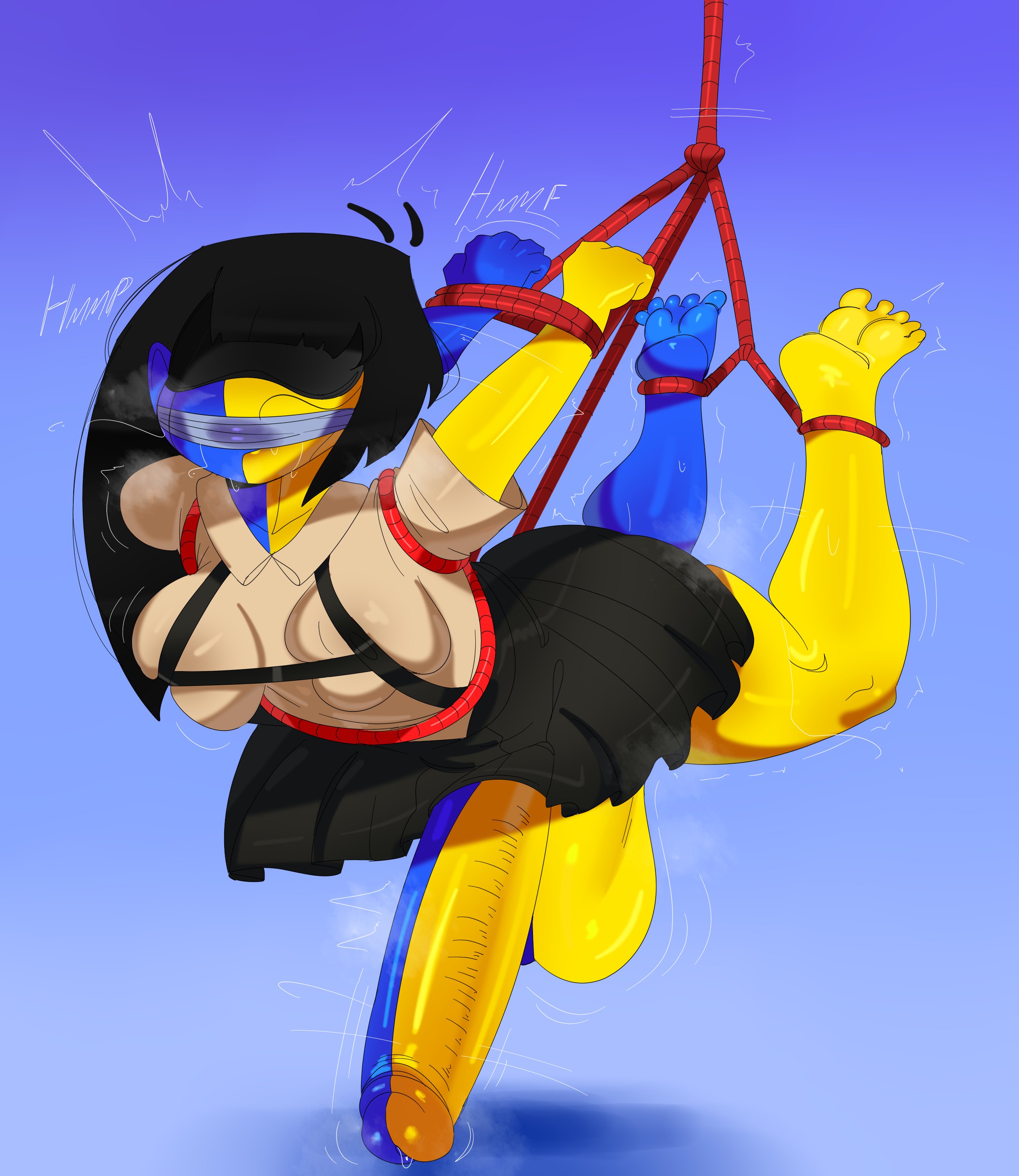 1futa, balls, big breasts, big penis, black hair, blindfold, blue skin, bondage, bottomless, breasts, clothed, clothing, ena, ena (series), erection, futa only, futanari, gag, huge balls, huge cock, humanoid, humanoid penis, intersex, joel g, long hair, mostly clothed, penis, rope, rope bondage, solo, suspension, tayuri, two-tone body, yellow skin