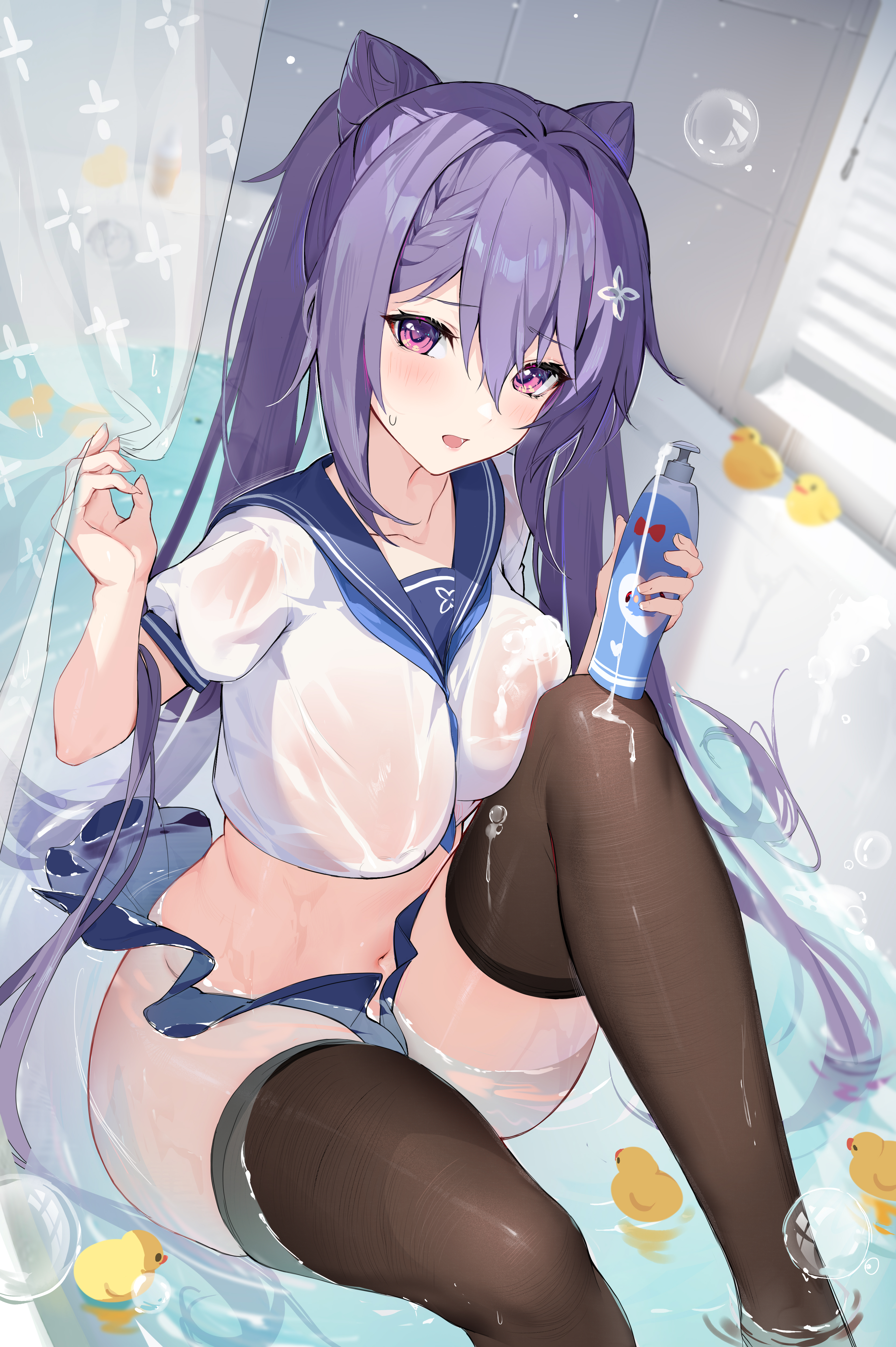 absurdres, bangs, bathtub, between breasts, black legwear, braid, breasts, brown legwear, bubble, crop top, curtains, eyebrows visible through hair, female, frown, genshin impact, hair between eyes, hair cones, highres, houkiboshi (mmjw7432), keqing (genshin impact), knee up, large breasts, long hair, looking at viewer, looking pleasured, medium breasts, microskirt, midriff, miniskirt, navel, neckerchief, no bra, no panties, open mouth, purple eyes, purple hair, revealing clothes, rubber duck, sailor collar, school uniform, see-through, see-through clothing, serafuku, shampoo bottle, shirt, sitting, skindentation, skirt, solo, stomach, thighhighs, thighs, twintails, very long hair, water, wet, wet clothes, wet hair, wet shirt, white shirt