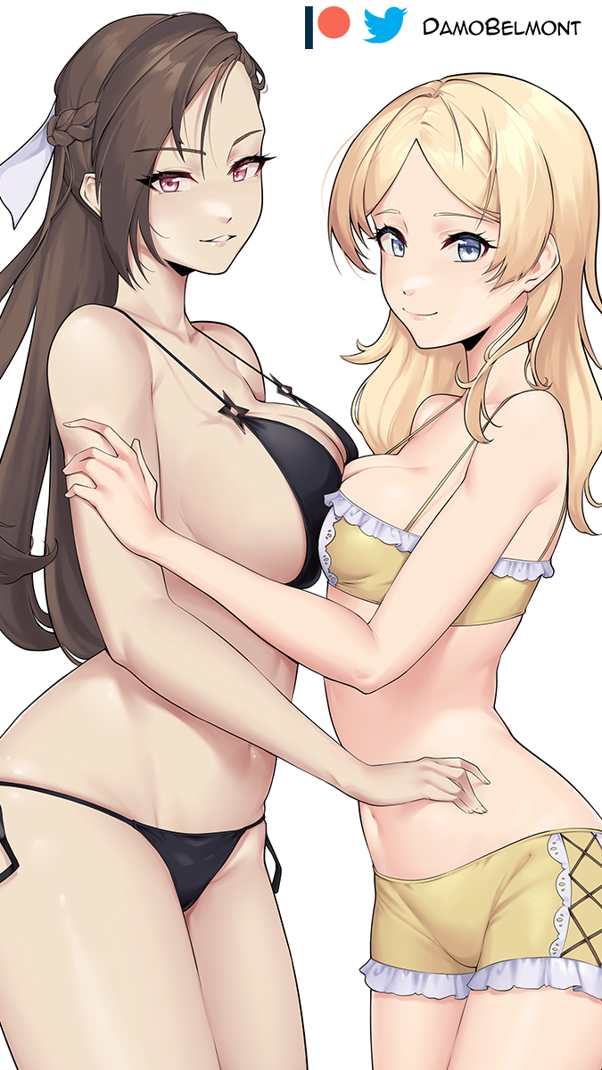 2girls alternate_costume alternate_hairstyle asymmetrical_docking bare_arms bare_shoulders bikini black_bikini blonde_hair blue_eyes braid breast_press breasts brown_hair cleavage commentary cowboy_shot crown_braid damodar english_commentary female female_only fire_emblem fire_emblem_awakening fire_emblem_fates grin hair_down highres kagero_(fire_emblem) large_breasts lissa_(fire_emblem) long_hair looking_at_viewer medium_breasts multiple_girls navel nintendo parted_lips purple_eyes short_shorts shorts side-tie_bikini_bottom simple_background smile standing stomach swimsuit thighs very_long_hair white_background yellow_bikini yellow_shorts yuri