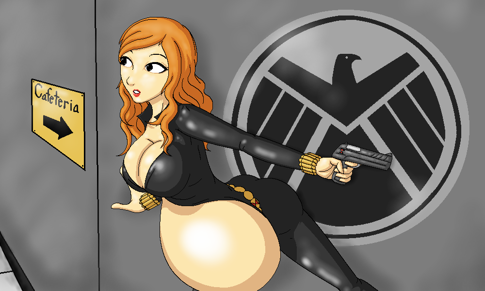 1girls belly big_belly big_breasts black_widow_(marvel) breasts cleavage female female_only gun human human_only kazuv light-skinned_female light_skin marvel natasha_romanoff pregnant red_hair s.h.i.e.l.d. weapon