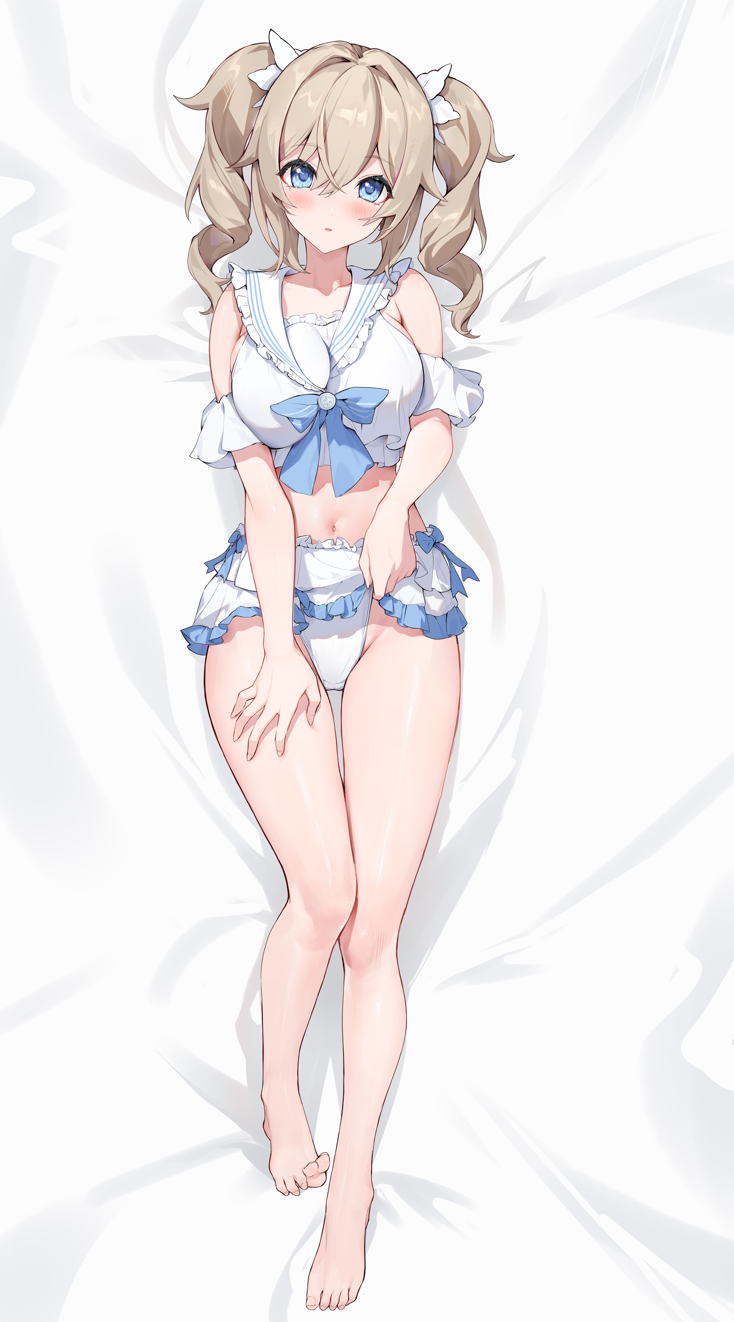 1girls, absurd res, barbara (genshin impact), big breasts, blonde hair, blue hair, blush, bra, breasts, cute, embarrassed, female, female only, genshin impact, half-closed eyes, hands, hands up, hi res, highres, houkiboshi (mmjw7432), indoors, kneeling, legwear, light skin, light-skinned female, looking at viewer, medium hair, navel, nipples, no shoes, on bed, one breast out, panties, seductive, sitting, solo, stretching, twintails, white bra, white legwear