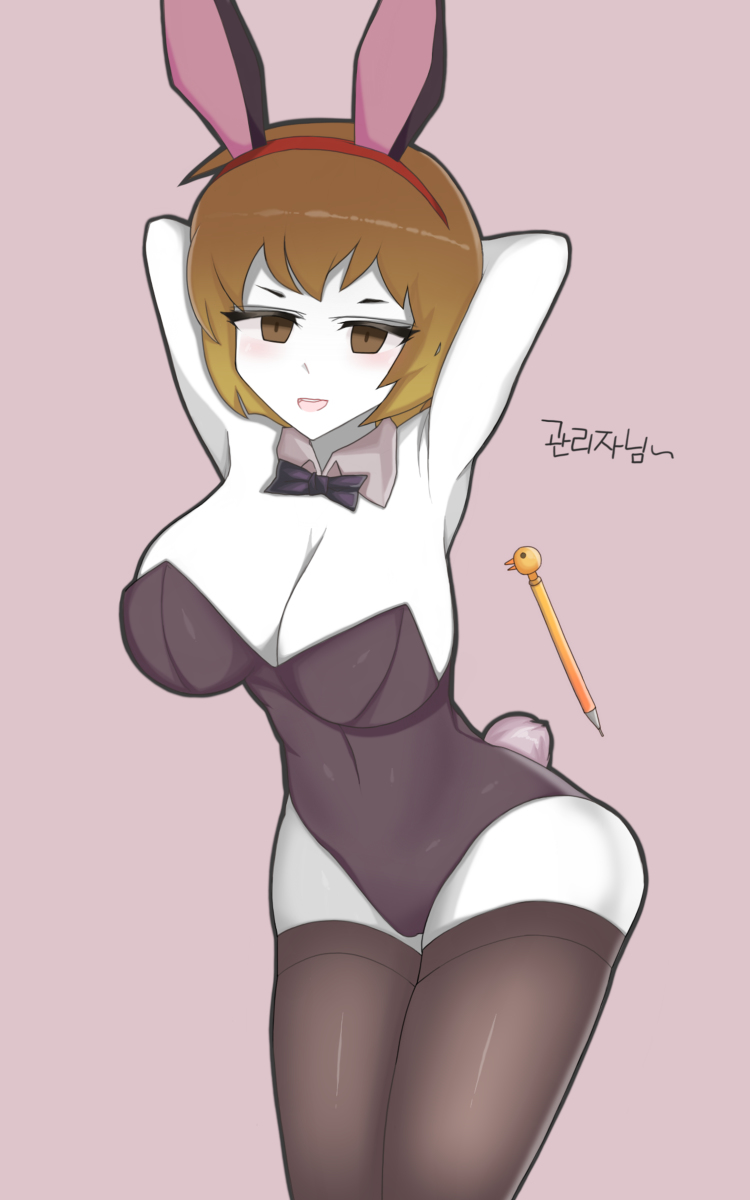 armpits, blush, bunny ears, bunny tail, bunnysuit, collar, library of ruina, lobotomy corporation, malkuth (lobotomy corporation), pen, project moon, stockings, tagme