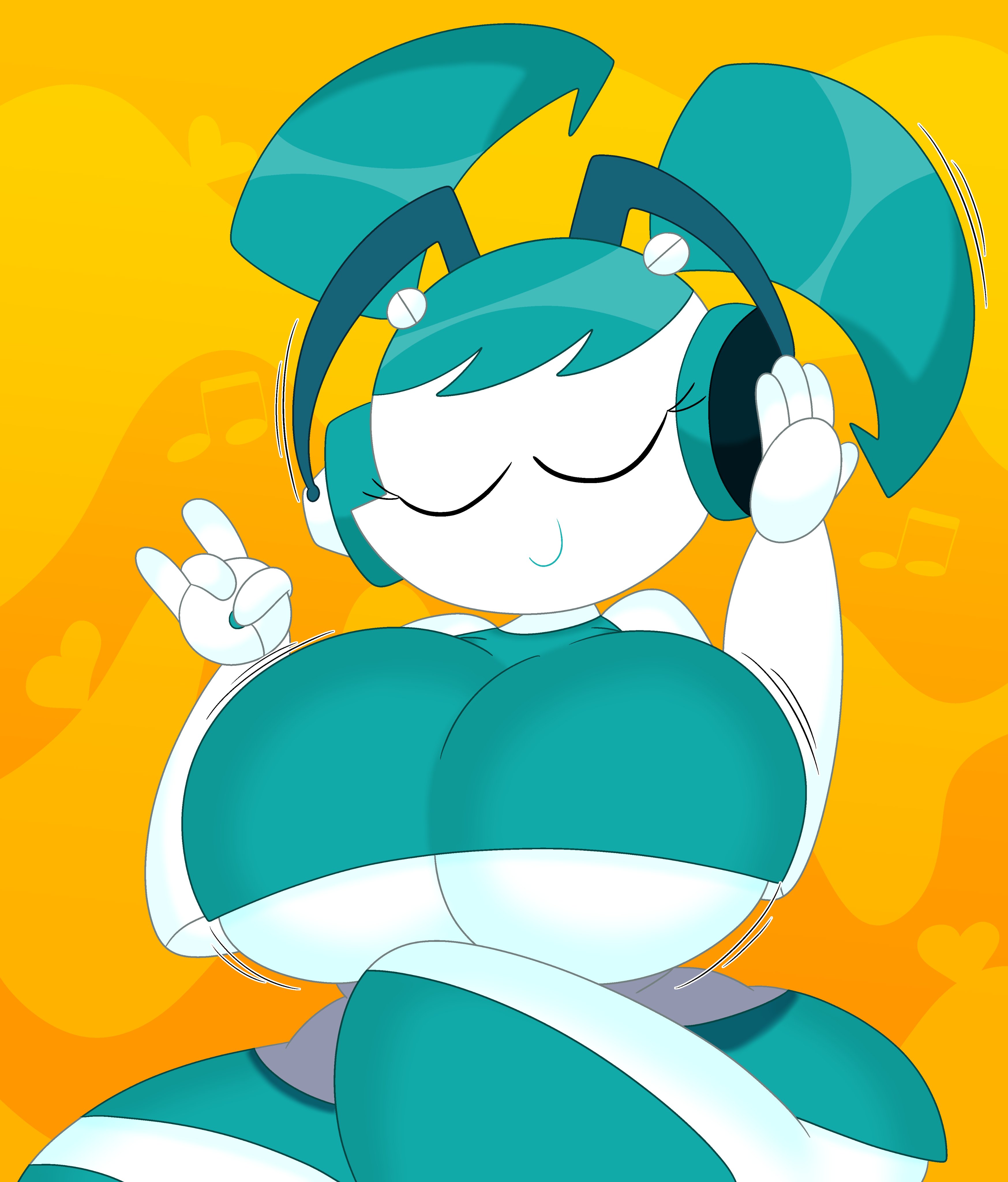 1girls, 3barts, big breasts, breasts, busty, closed eyes, clothing, female, female only, headphones, huge breasts, jenny wakeman, large breasts, my life as a teenage robot, nickelodeon, robot, robot girl, smile, solo, thick thighs, underboob, wide hips, xj-9