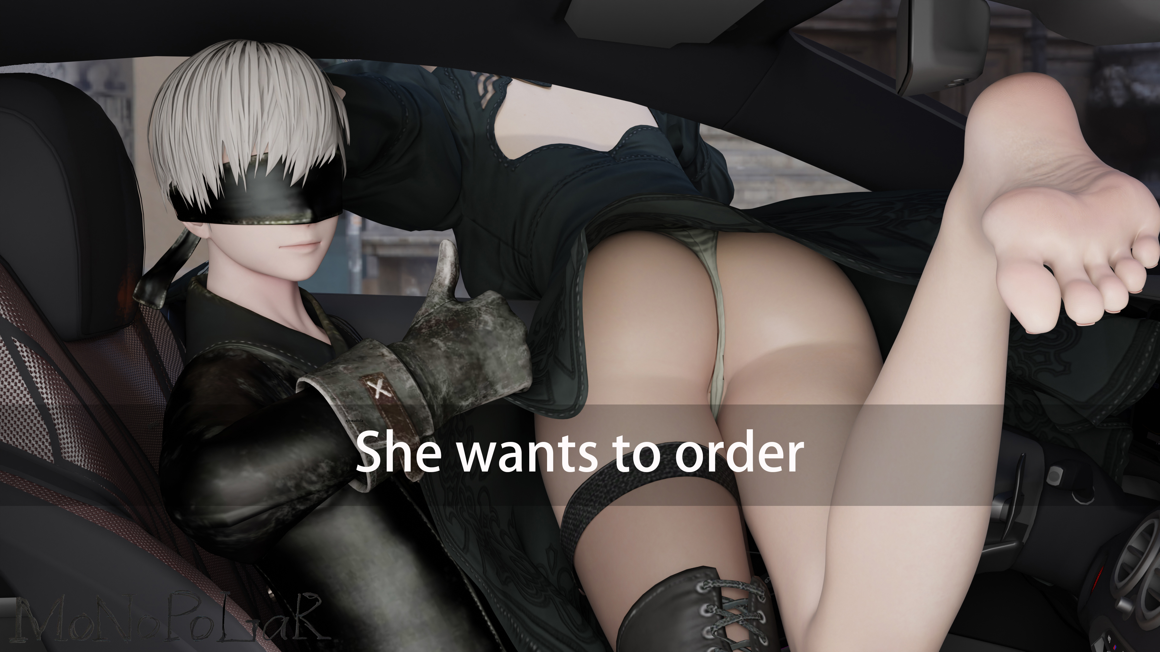 1boy, 1girls, 3d, ass, ass focus, barefoot, big ass, canon couple, feet, female, he wants to order, light skin, light-skinned female, lovers, male, meme, nier: automata, snapchat, yorha 2b, yorha 9s
