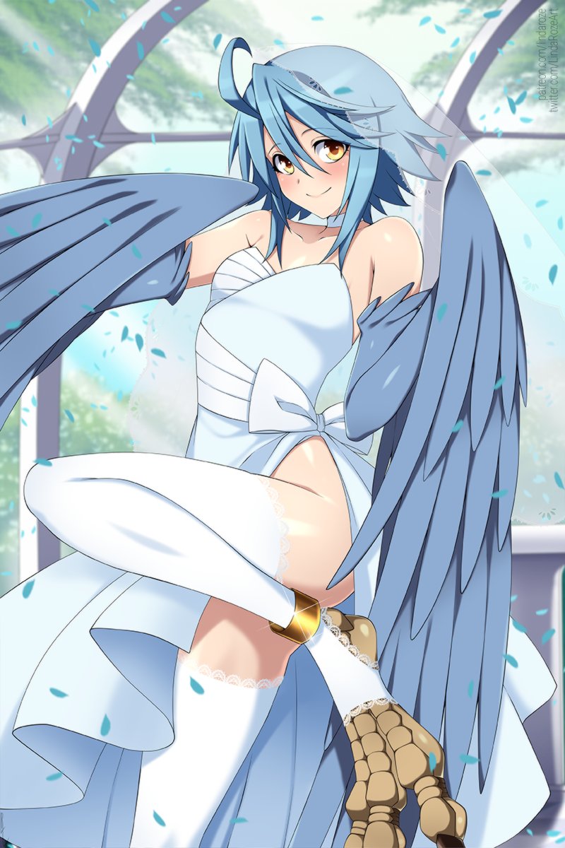 1girls, ass, bird feet, blue hair, blush, feathers, female, hair, harpy, legwear, lindaroze, monster girl, monster musume no iru nichijou, papi (monster musume), solo, tagme, thick thighs, thighhighs, thighs, wedding, wedding band, wedding dress, wedding veil, wings