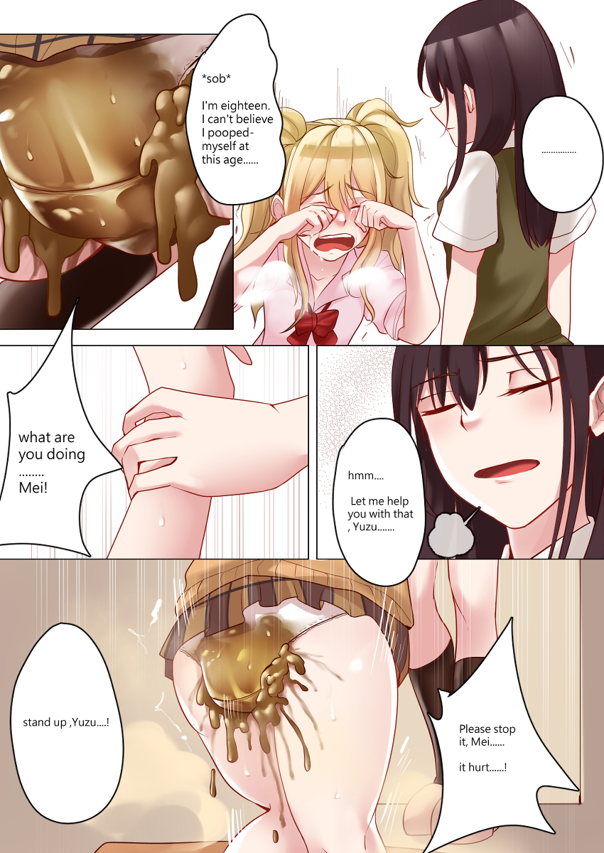 2girls aihara_mei aihara_yuzu black_hair blonde_hair blush bow citrus_(saburouta) comic crying desperation embarrassed female female_only green_eyes humiliated messing multiple_girls panties scat shitting shumiao skirt soiling soiling_underwear text_bubble trembling