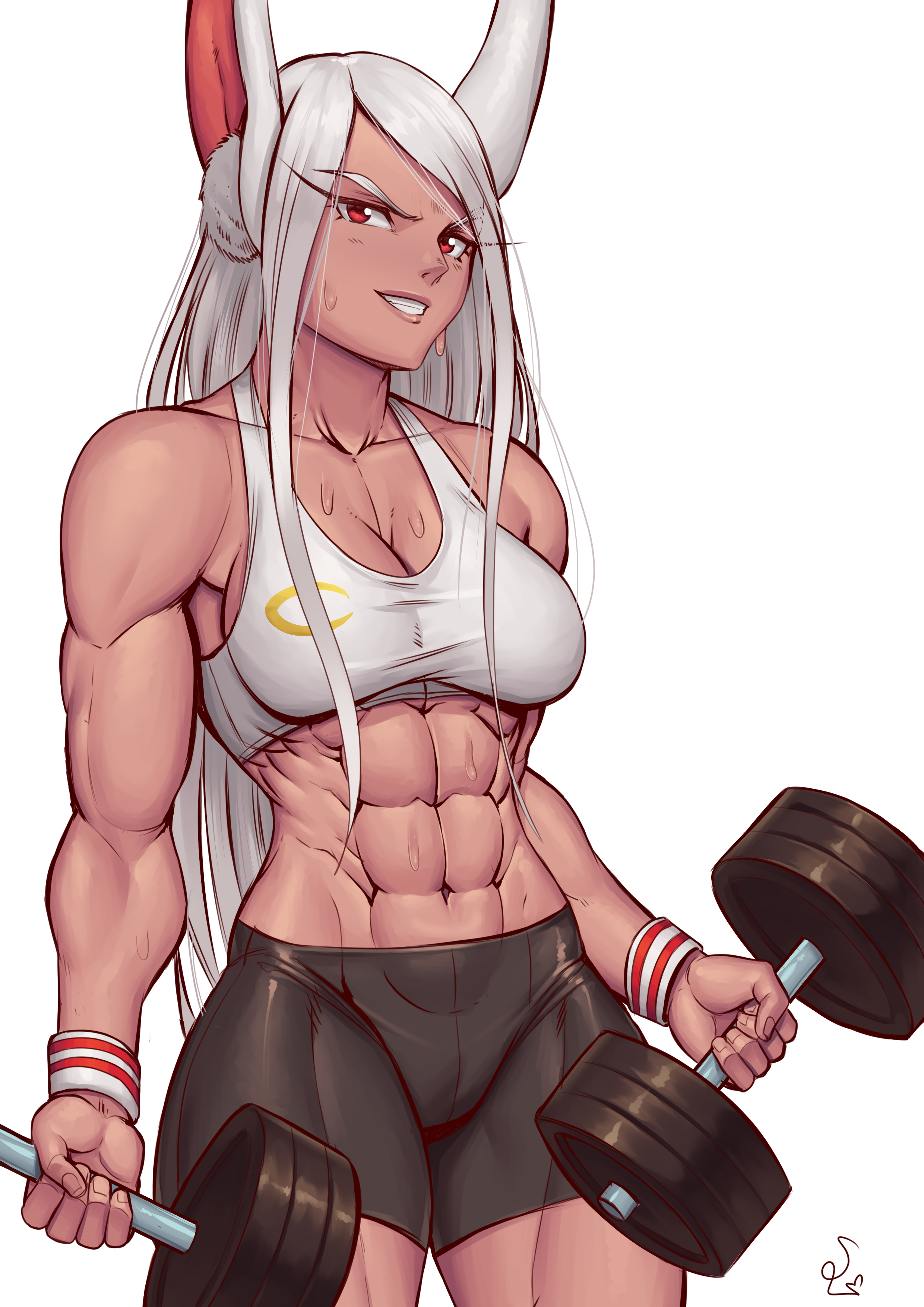 1girls, abs, animal ears, big breasts, breasts, bunny ears, bunny girl, dark skin, dark-skinned female, female, female only, fully clothed, long hair, miruko, muscular, muscular arms, muscular female, muscular thighs, my hero academia, red eyes, rumi usagiyama, solo, speedl00ver, sports bra, sweat, weightlifting, weights, white hair, workout, workout clothes